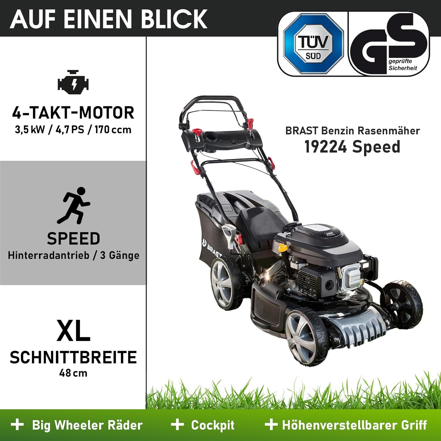 BRAST Benzin grasmaaier met aandrijving | 5,2kW(7PK) | elektrische start | 48cm snijbreedte | vele modellen | TÜV | 4-takt OHV motor | 30-80mm maaihoogte | 60L opvangbak | stalen behuizing | 19224 ESTART Speed