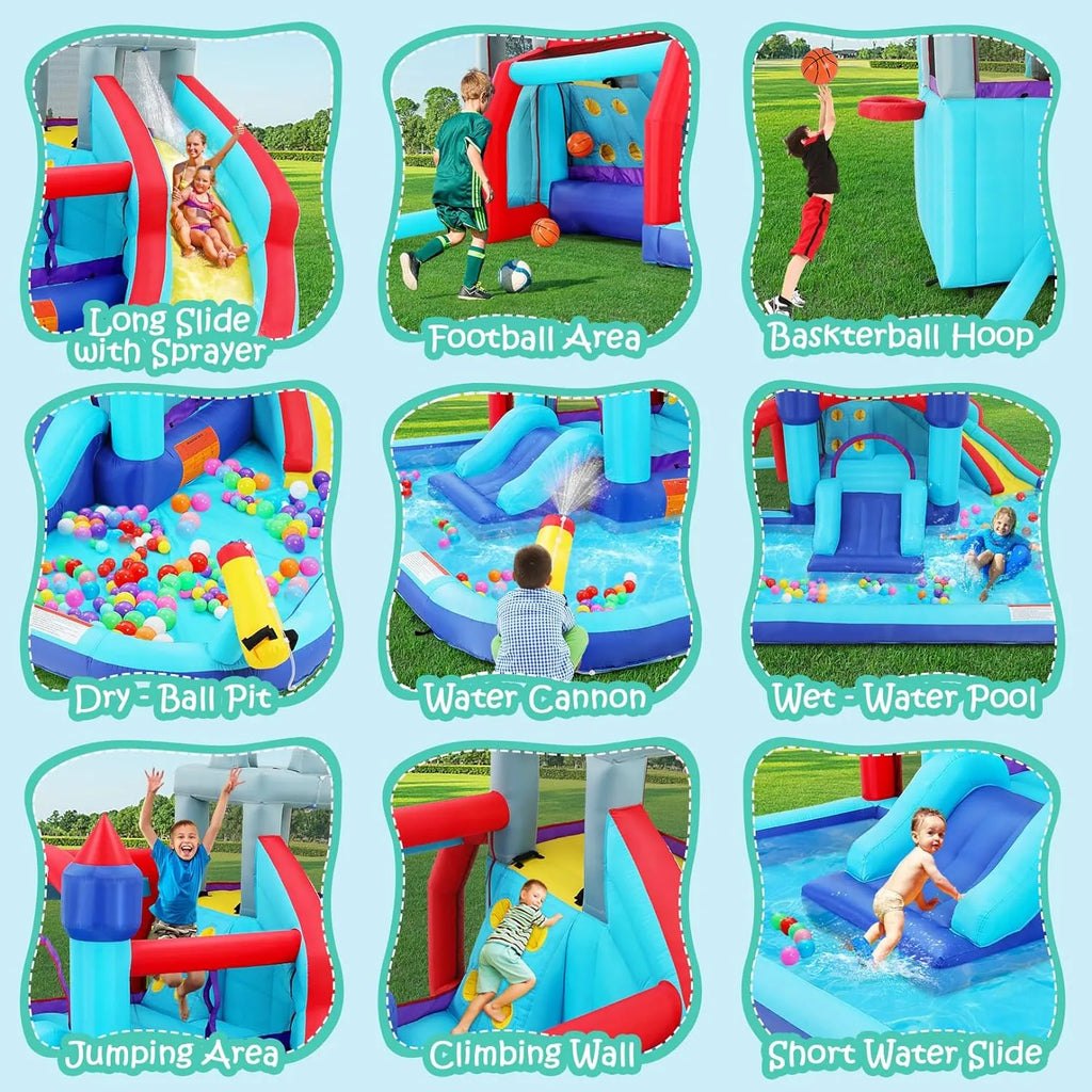 Aufblasbare Wasserrutschen für Kinder, 8-in-1-Hüpfburg-Wasserpark mit 450-W-Gebläse, Kletterwand, Planschbecken, 2 Wasserkanonen, Basketballkorb, Wasserrutsche, Krokodilsprinkler als Geschenk für eine Gartenparty