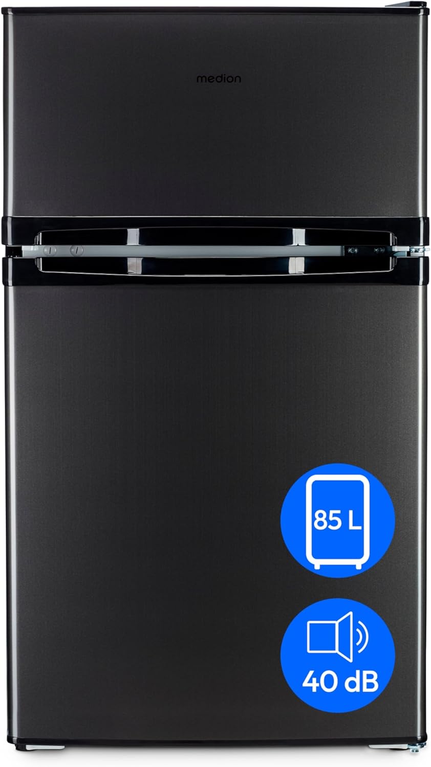MEDION Mini koel-vriescombinatie (85 liter, 61L koelgedeelte, 24L vriesgedeelte, vrijstaand, 40 dB, transparante groentelade, deurscharnier omkeerbaar, MD 37689) grijs