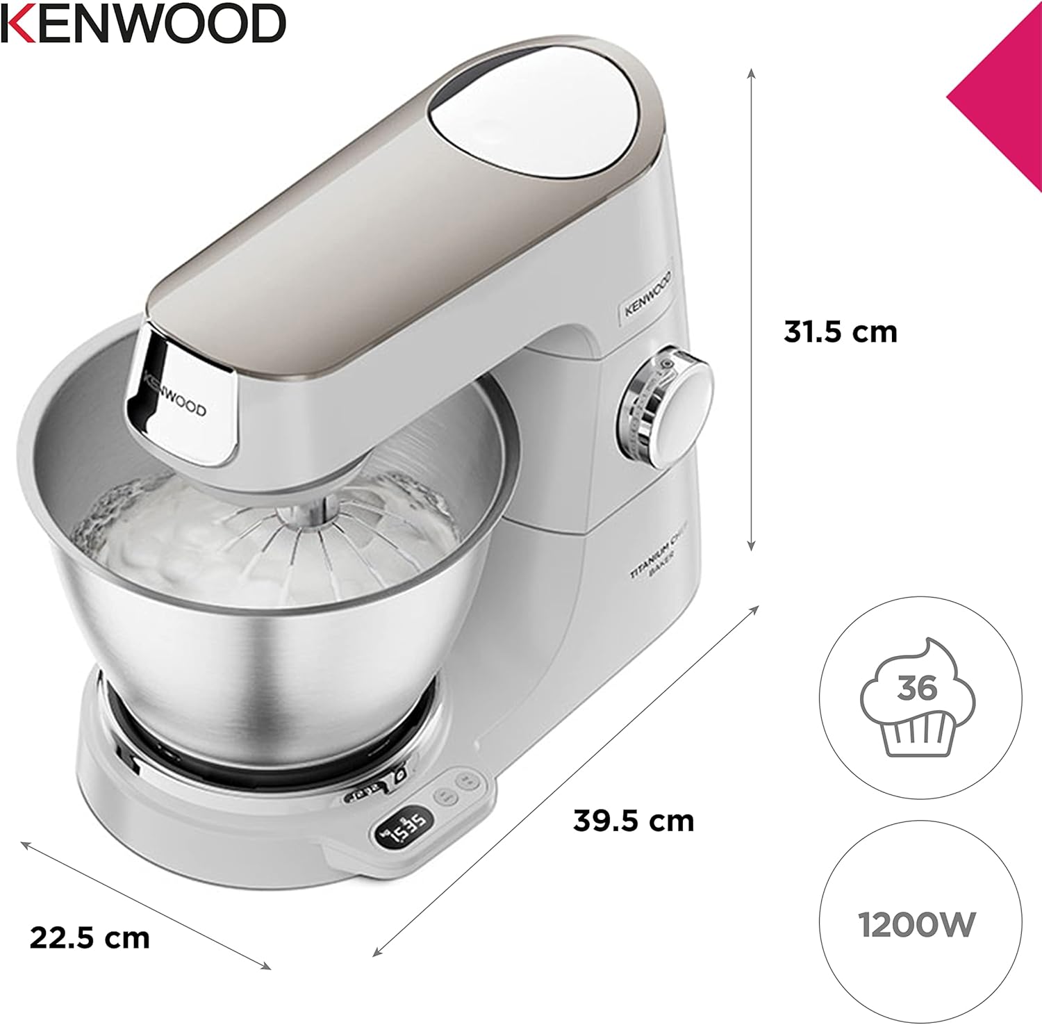 Kenwood Titanium Chef Baker KVL85.424SI Keukenmachine met geïntegreerde weegschaal, incl. 4-delige patisserie set, 7 L en 5 L mengkom, traploze snelheidsregeling, 1200 W, zilver