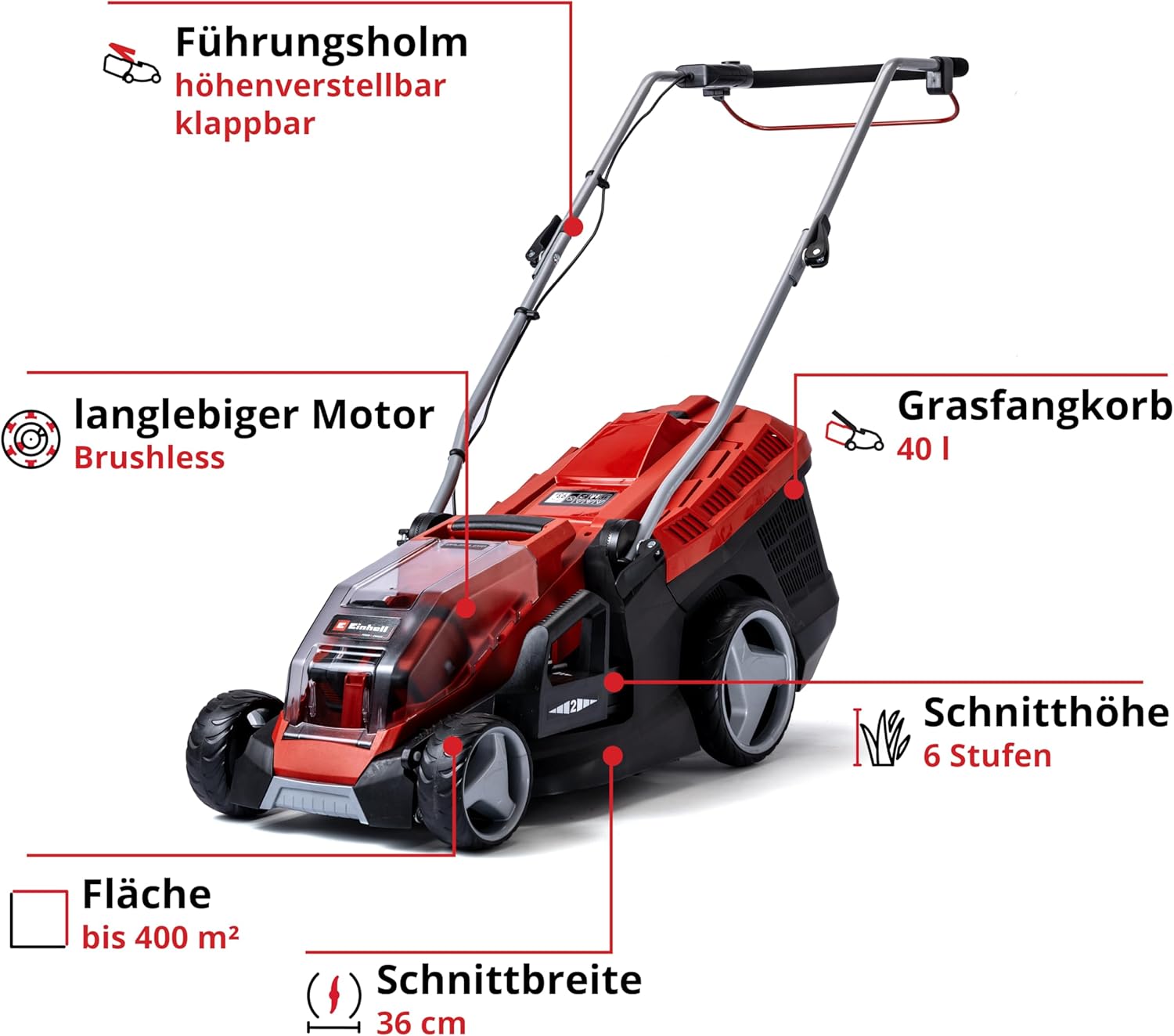 Einhell Accu grasmaaier GE-CM 36/36 Li Kit Power X-Change (36 V, 36 cm maaibreedte, tot 400 m², Brushless, 40L opvangzak, 25-75 mm maaihoogte, incl. 2x 4,0 Ah accu + 2x lader)