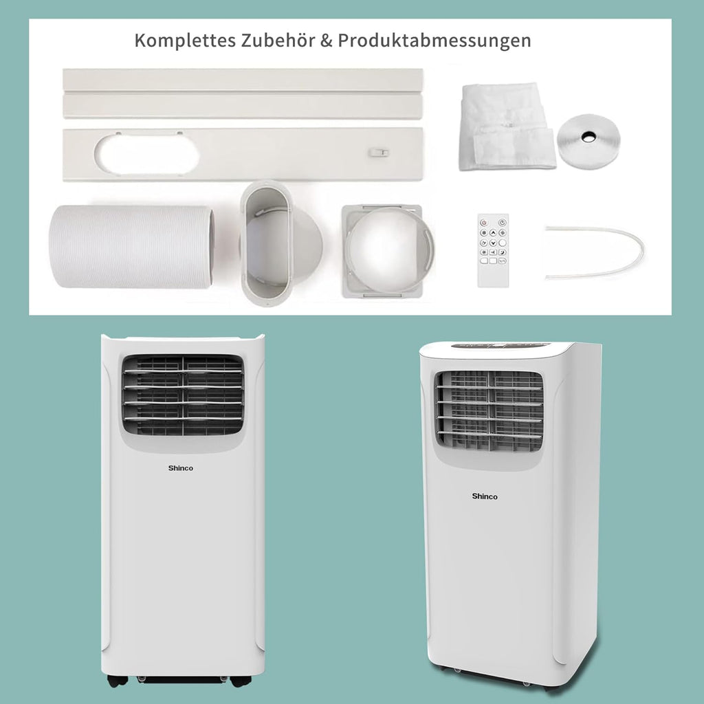 SHINCO Mobiele airconditioning met luchtafvoerslang, 9000 BTU, 2,6 kW, Koelen&Ventileren&Ontvochtigen, Mobiel airco-apparaat met slaapstand, Ruimte tot 22㎡, 24-uurs timer
