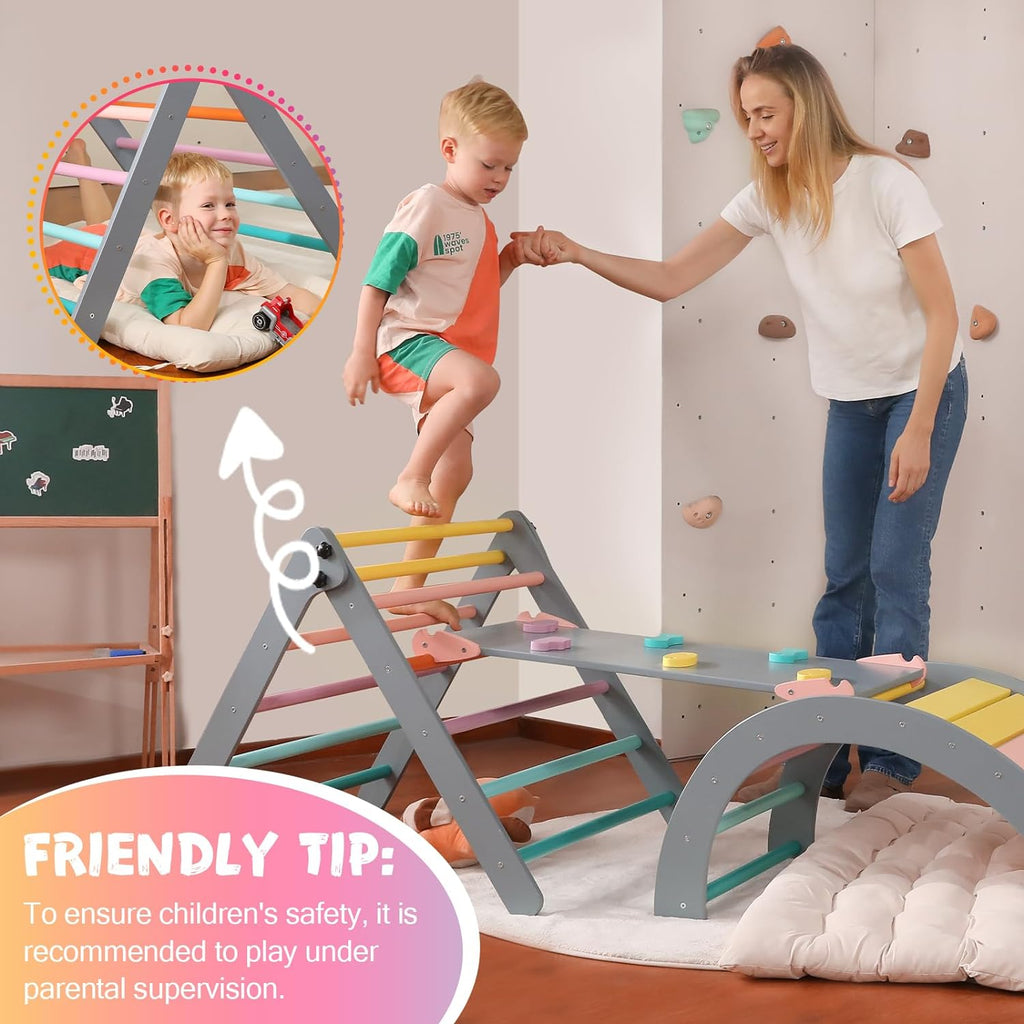 Driehoekset met kussen, 5-in-1 Montessori klimset, opvouwbaar, klim-binnenspeeltuinset voor peuters, houten klimspeelgoed met glijbaan en klimboog voor kinderen (houtkleur)