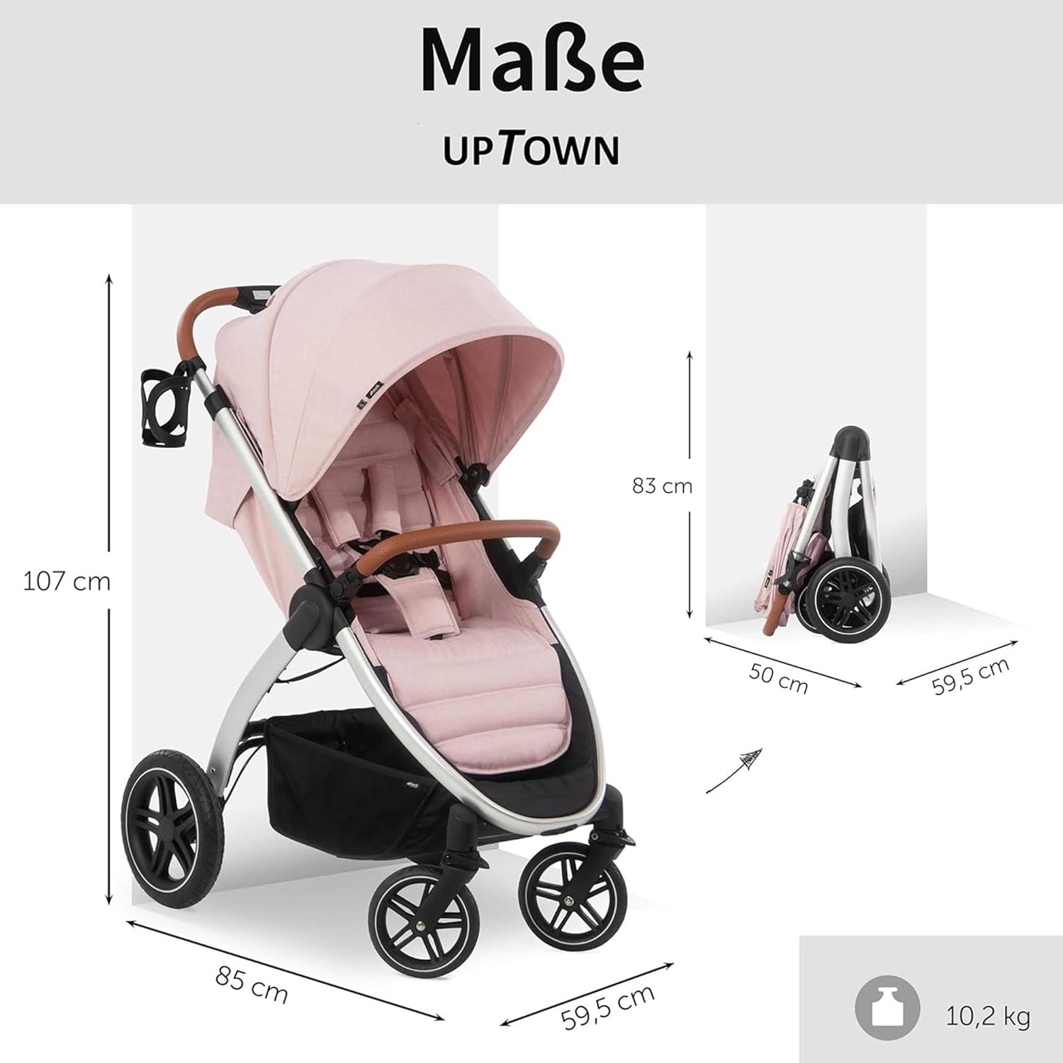 Hauck Uptown Kinderwagen Melange Rose – wandelwagen voor elk terrein, extra grote zitting, vlakke ligstand, rubberen wielen, vering, compact en eenvoudig inklapbaar, met regenhoes