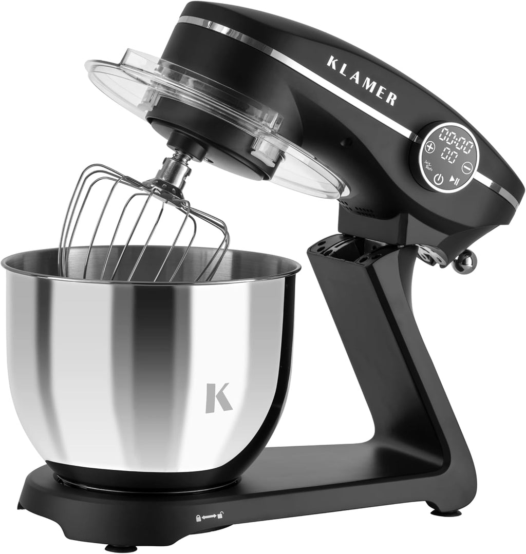 KLAMER Keukenmachine 1800W, Kneedmachine Brooddeeg met RVS Mengkom 6 L, 10 Snelheden met Timer, Planetaire Menging, Klopper, Deeghaak, Garde & Spatscherm (zwart)
