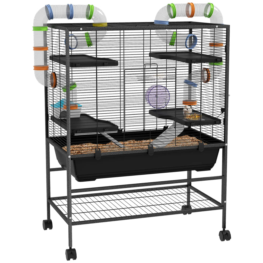 PawHut Hamsterkooi Knaagdierkooi met Buizen Loopwiel Wieltjes Opbergplank
