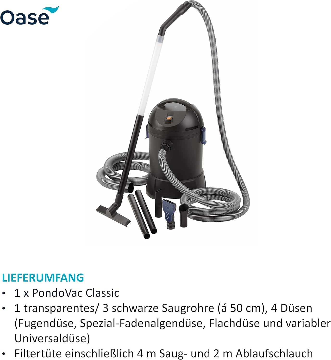Oase 50529 PondoVac Classic, 1400 W, 3000 l/u - Vijverslibzuiger, reiniging en waterbehandeling incl. 4 zuigmonden voor vijvers van alle soorten en huishoudelijk gebruik