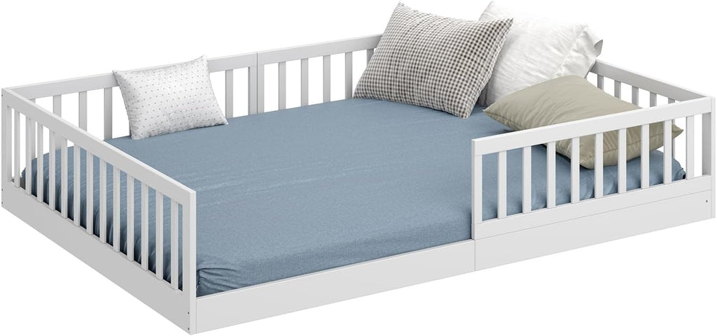 CADANI Timi 2in1 Bodenbett 140x200 cm Montessori Kinderbett mit abnehmbaren Rausfallschutz inkl. Lattenrost, Kiefer Massivholz, weiß - 3 Aufbauvarianten, bis 200 kg belastbar, umbaubar