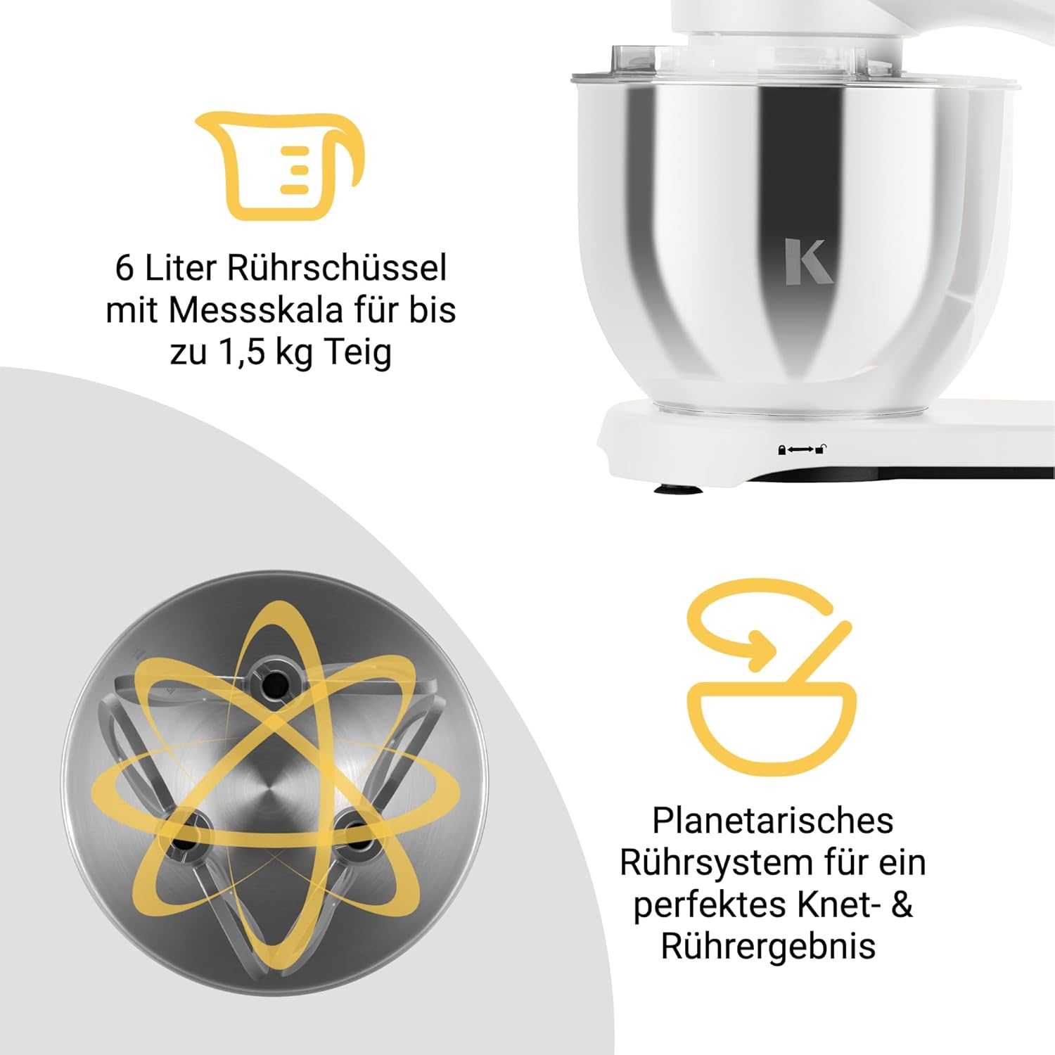 KLAMER Keukenmachine 1800W, Kneedmachine Brooddeeg met RVS Mengkom 6 L, 10 Snelheden met Timer, Planetaire Menging, Klopper, Deeghaak, Garde & Spatscherm (zwart)