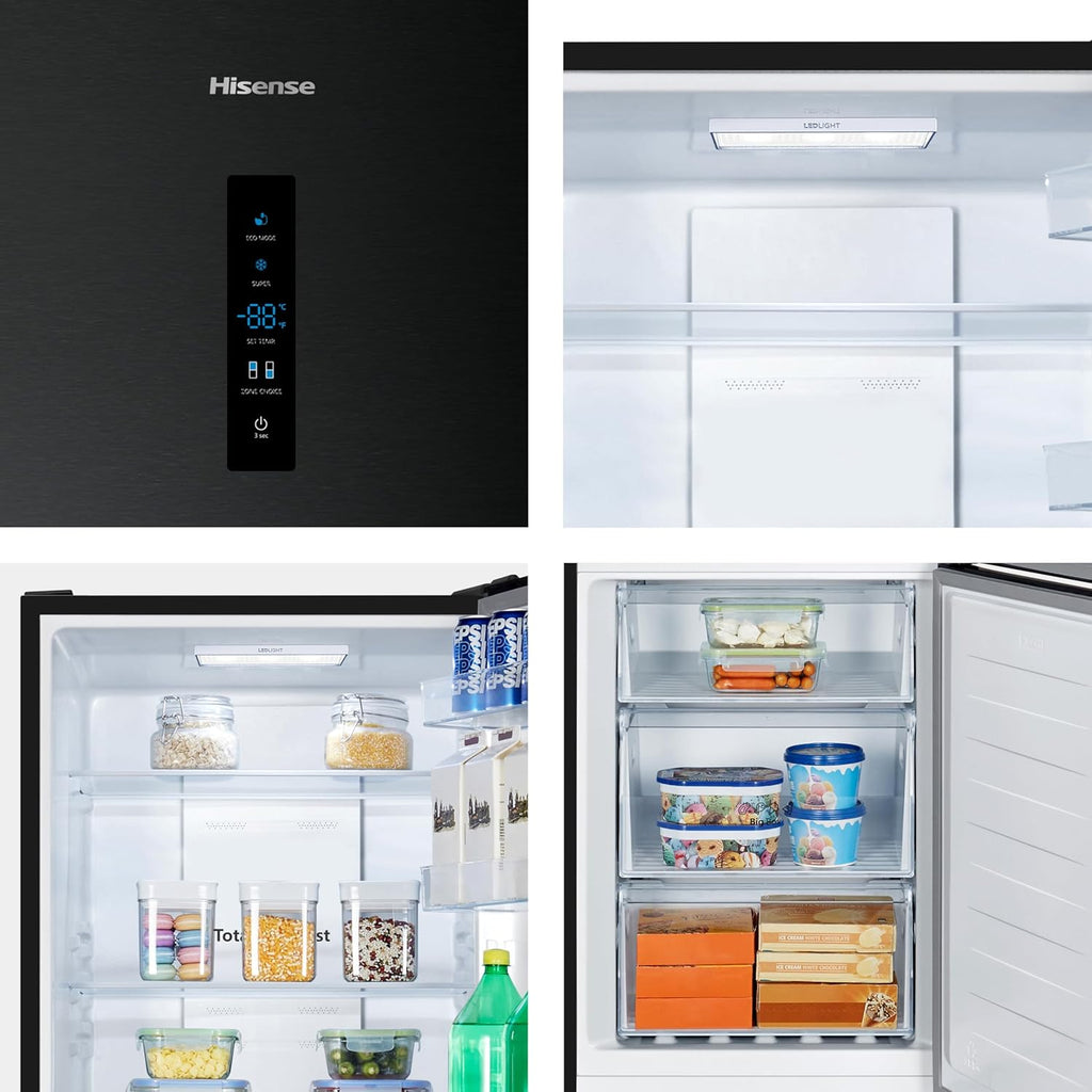 Hisense RB327N4AD2 koel-vriescombinatie/ NoFrostPlus/ Multiflow 360°/ HolidayMode/ FreshZone/ 182,4 cm/ koelgedeelte 171 l/ vriesgedeelte 85 l/ 41 dB/ 287 kWh/ jaar/ roestvrijstalen look
