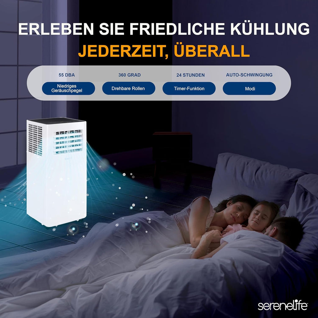 SereneLife 3-in-1 Mobiele Airconditioner met Afvoerslang – Klimaatregelaar als Luchtkoeler, Ventilator & Luchtontvochtiger – Mini Airco voor Ruimtes tot 28 m2 – Luchtkoeler voor Thuis & Kantoor 10.000 BTU