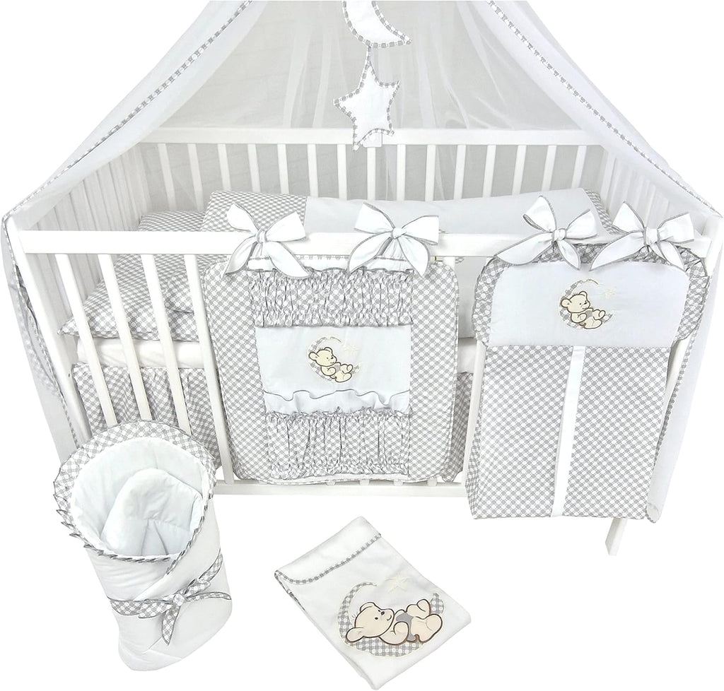 Bello24 - 16-delig babybed wieg en beddengoed compleet set Happy Leo incl. matras in hoogte verstelbaar voor pasgeborenen baby's en peuters van massief hout (Grijs - Teddybeer Maan)