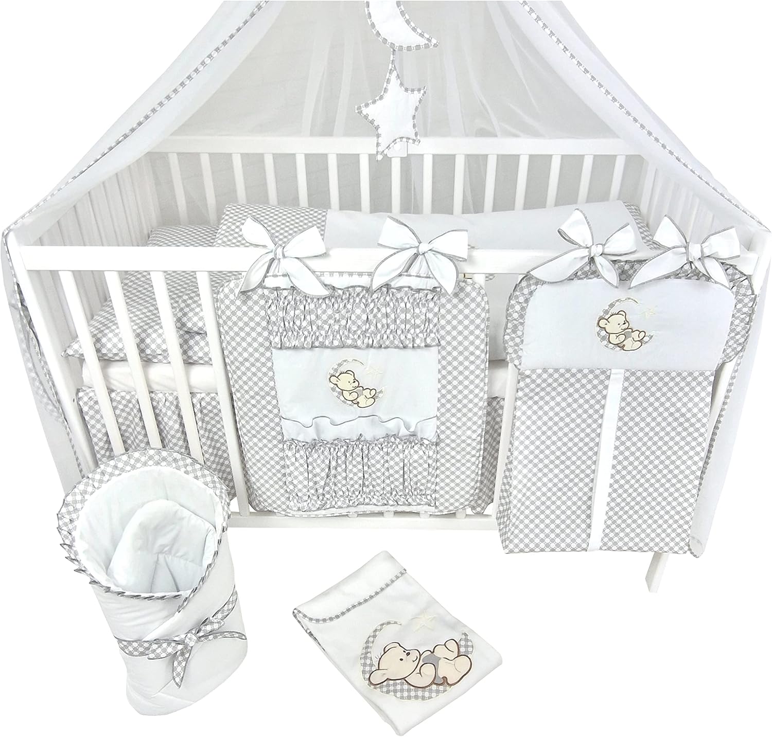 Bello24 - 16-delig babybed wieg en beddengoed compleet set Happy Leo incl. matras in hoogte verstelbaar voor pasgeborenen baby's en peuters van massief hout (Grijs - Teddybeer Maan)