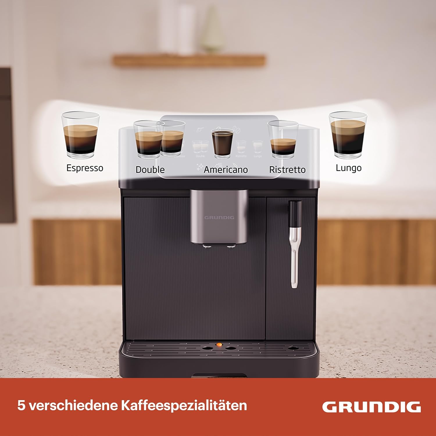 GRUNDIG KVA 7230 volautomatische koffiemachine, 10 koffiespecialiteiten, 13 maalfijnheden, melkreservoir, krachtig 1350 W, 19 bar pompdruk, dubbele uitloop, verlichting, Zwart/Donkerzilver