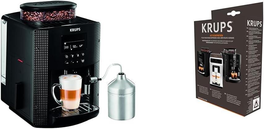 Krups Essential volautomatische espressomachine met melkslang, 2-kopsfunctie, LCD-display, eenvoudige reiniging, koffiezetapparaat, TÜV-keurmerk, zwart, EA816031