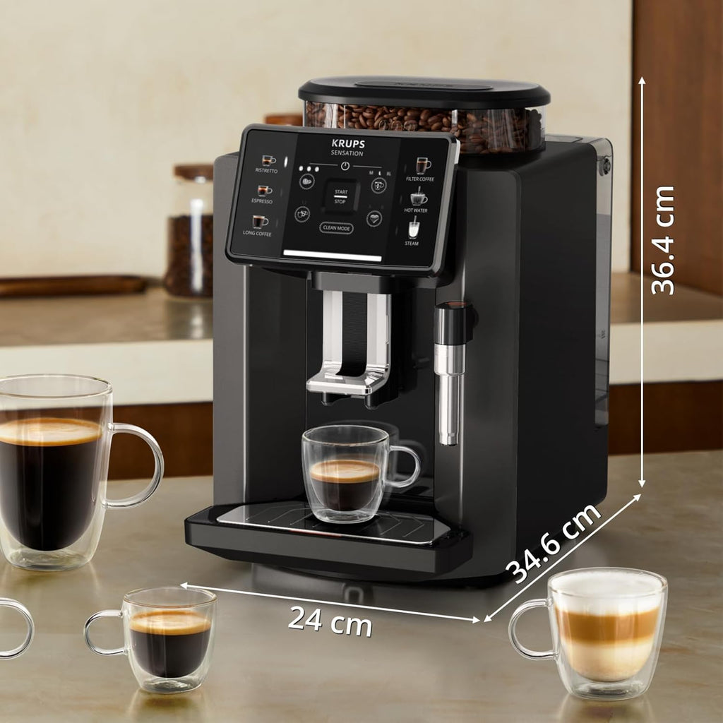 Krups Sensation volautomatische espressomachine, melkschuimmondstuk, 5 dranken, filterkoffiefunctie, 2-kopsfunctie, koffiezetapparaat, zwart, EA910810