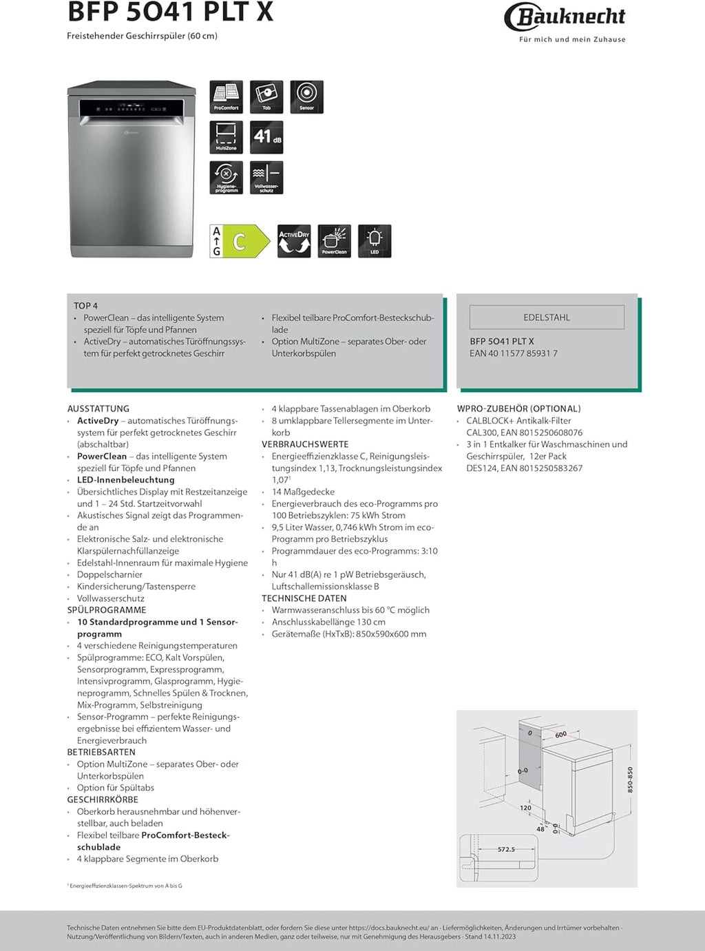 Bauknecht B7F HP43 XA Vrijstaande vaatwasser/ 60 cm/ 15 couverts/ PowerClean Pro-Effectieve hogedruksproeiers/ Natural Dry-Automatische deuropening-Betere droging/ Maxi Space-Meer binnenruimte