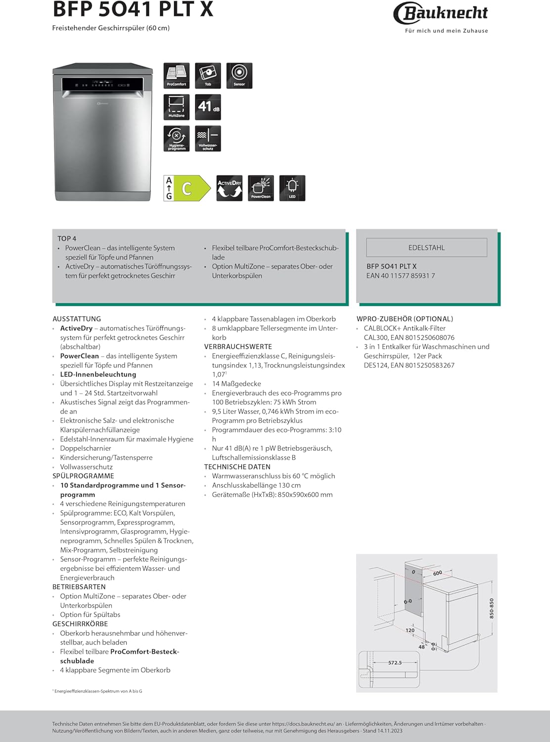 Bauknecht B7F HP43 XA Vrijstaande vaatwasser/ 60 cm/ 15 couverts/ PowerClean Pro-Effectieve hogedruksproeiers/ Natural Dry-Automatische deuropening-Betere droging/ Maxi Space-Meer binnenruimte