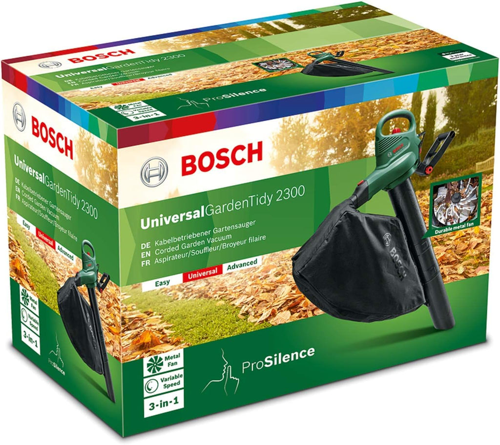 Bosch elektrische bladzuiger/-blazer UniversalGardenTidy 3000 (3000 W, opvangzak 50 l, traploze toerentalregeling, voor het blazen, zuigen en versnipperen van bladeren, in kartonnen verpakking)