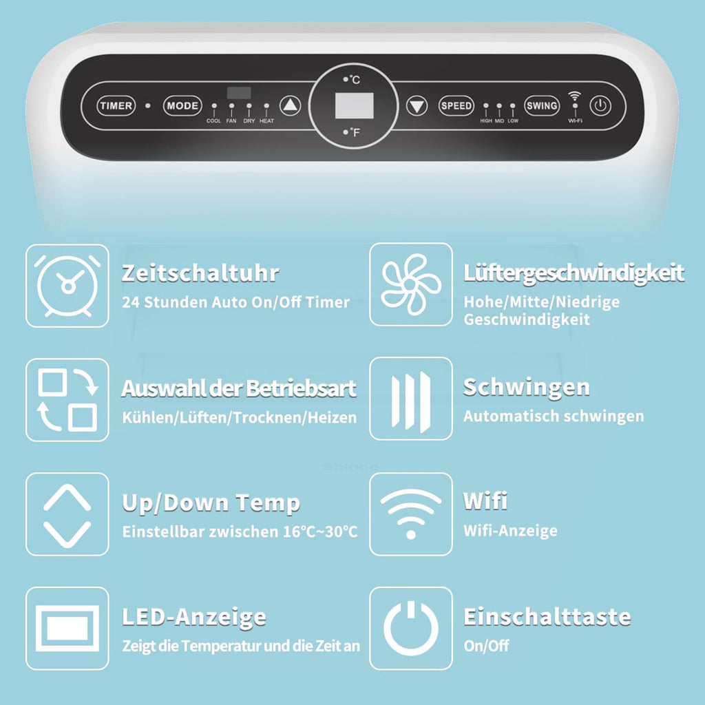 SHINCO Mobiele airconditioning met luchtafvoerslang, 9000 BTU, 2,6 kW, Koelen&Ventileren&Ontvochtigen, Mobiel airco-apparaat met slaapstand, Ruimte tot 22㎡, 24-uurs timer