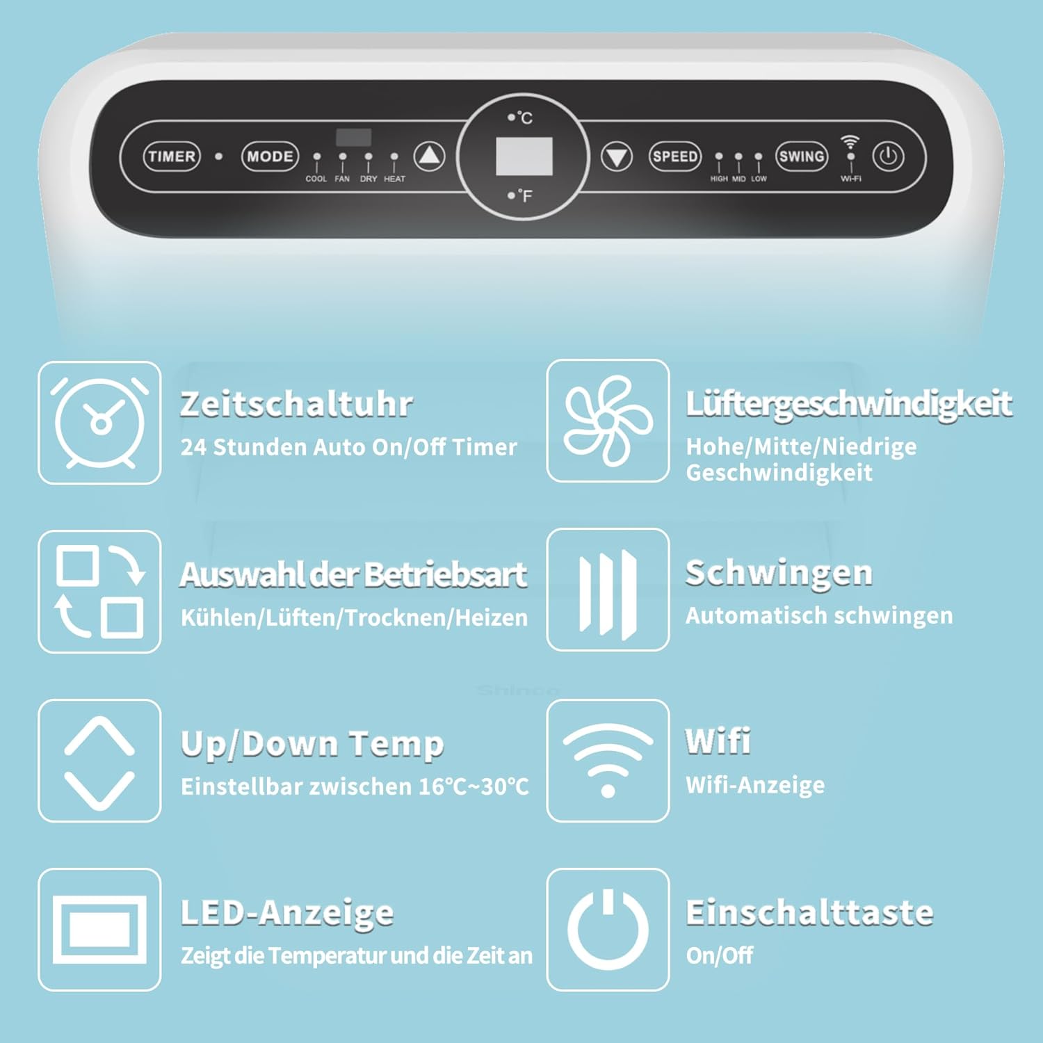 SHINCO Mobiele airconditioning met luchtafvoerslang, 9000 BTU, 2,6 kW, Koelen&Ventileren&Ontvochtigen, Mobiel airco-apparaat met slaapstand, Ruimte tot 22㎡, 24-uurs timer
