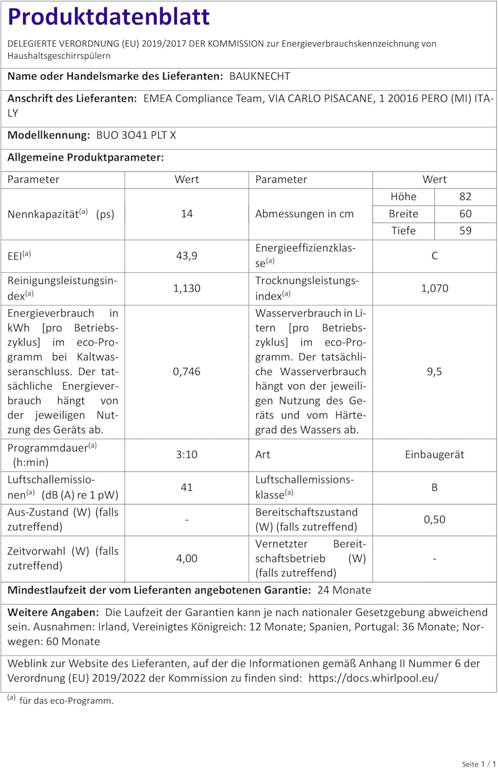 Bauknecht BUO 3O41 PLT X onderbouw vaatwasser 60 cm /14 couverts /10 standaardprogramma's en 1 sensorprogramma/PowerClean/ActiveDry/besteklade/volledige waterbeveiliging