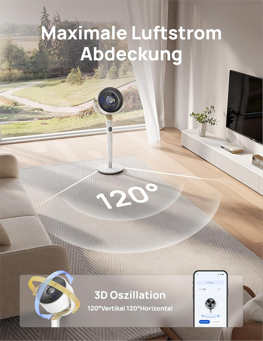 Dreo Slimme Staande Ventilator met RGB-licht, 120° +120° Oscillerende Ventilator met Afstandsbediening, 20dB Stille Vloerventilator voor Slaapkamer, 8H Timer, Zilver