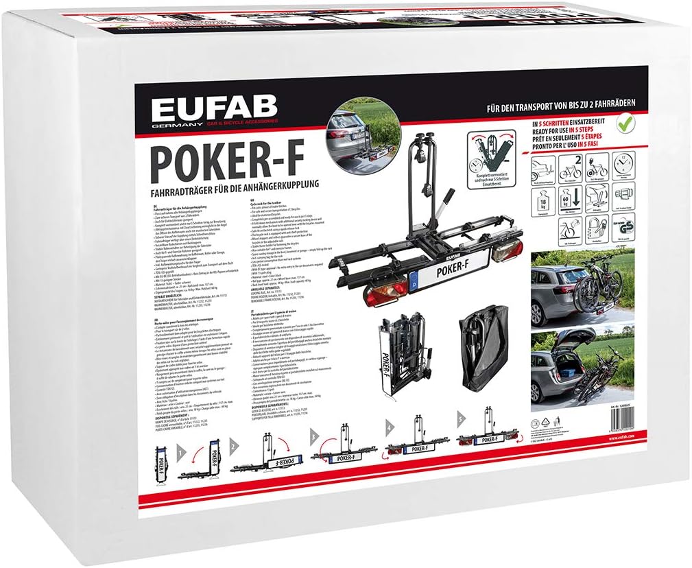 EUFAB 12010LAS fietsendrager POKER-F, geschikt voor e-bike, volledig voorgemonteerd, diefstalbeveiliging, voor 2 fietsen, voor trekhaak, zwart, 142 x 70 x 58 cm