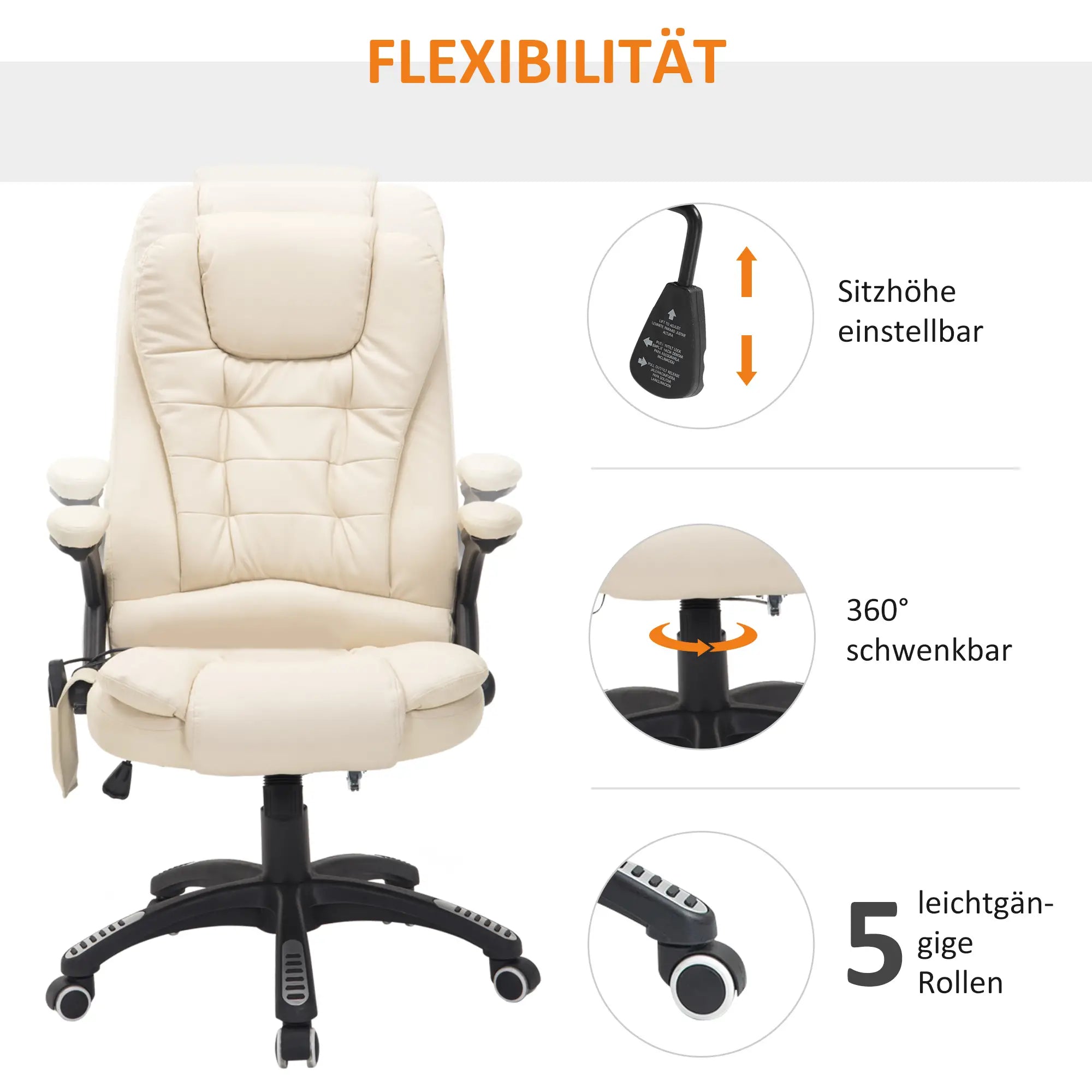 HOMCOM Bureaustoel Directiestoel Massagefunctie in hoogte verstelbaar crèmewit