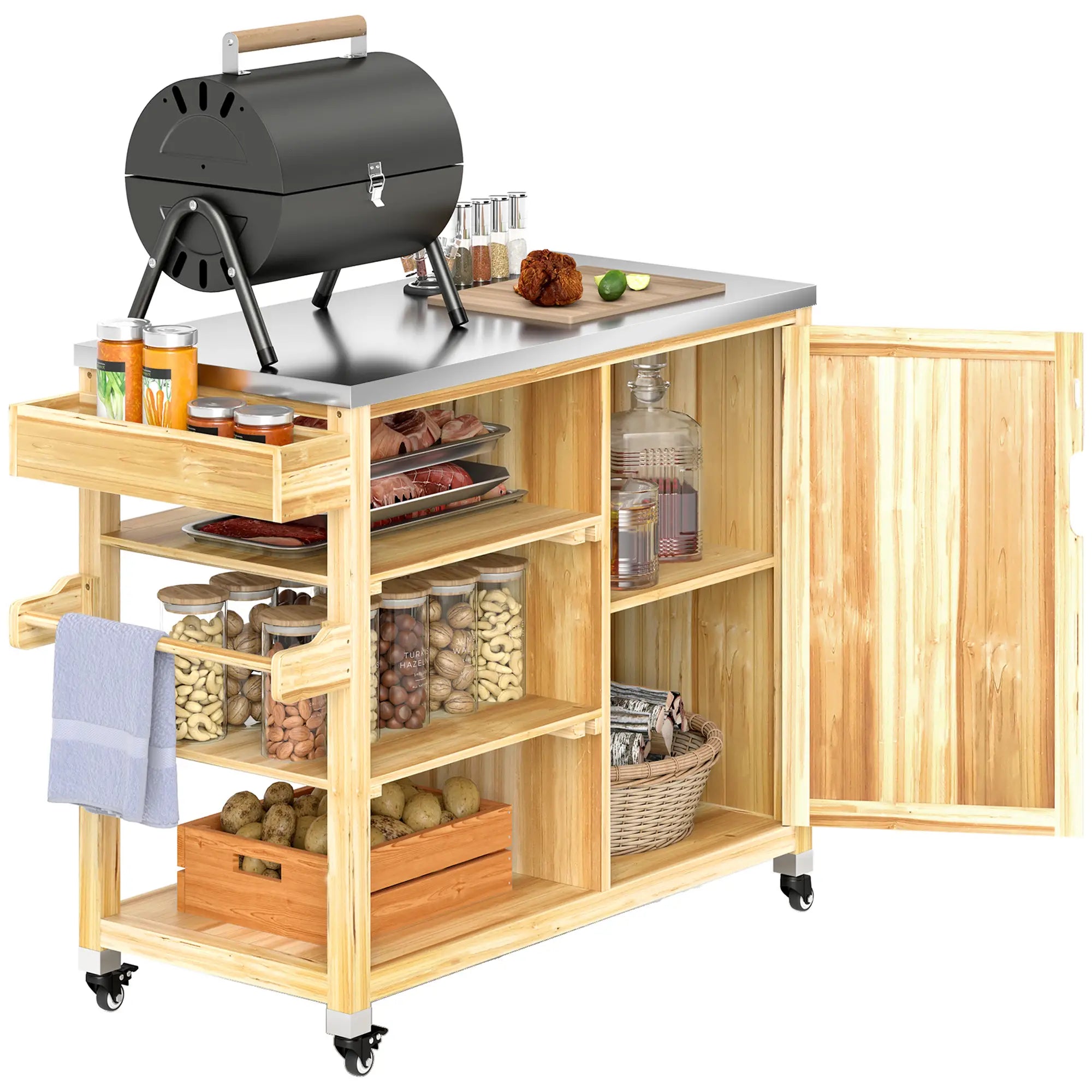 Outsunny Barbecuewagen Outdoor Keukeneiland met wielen Massief hout