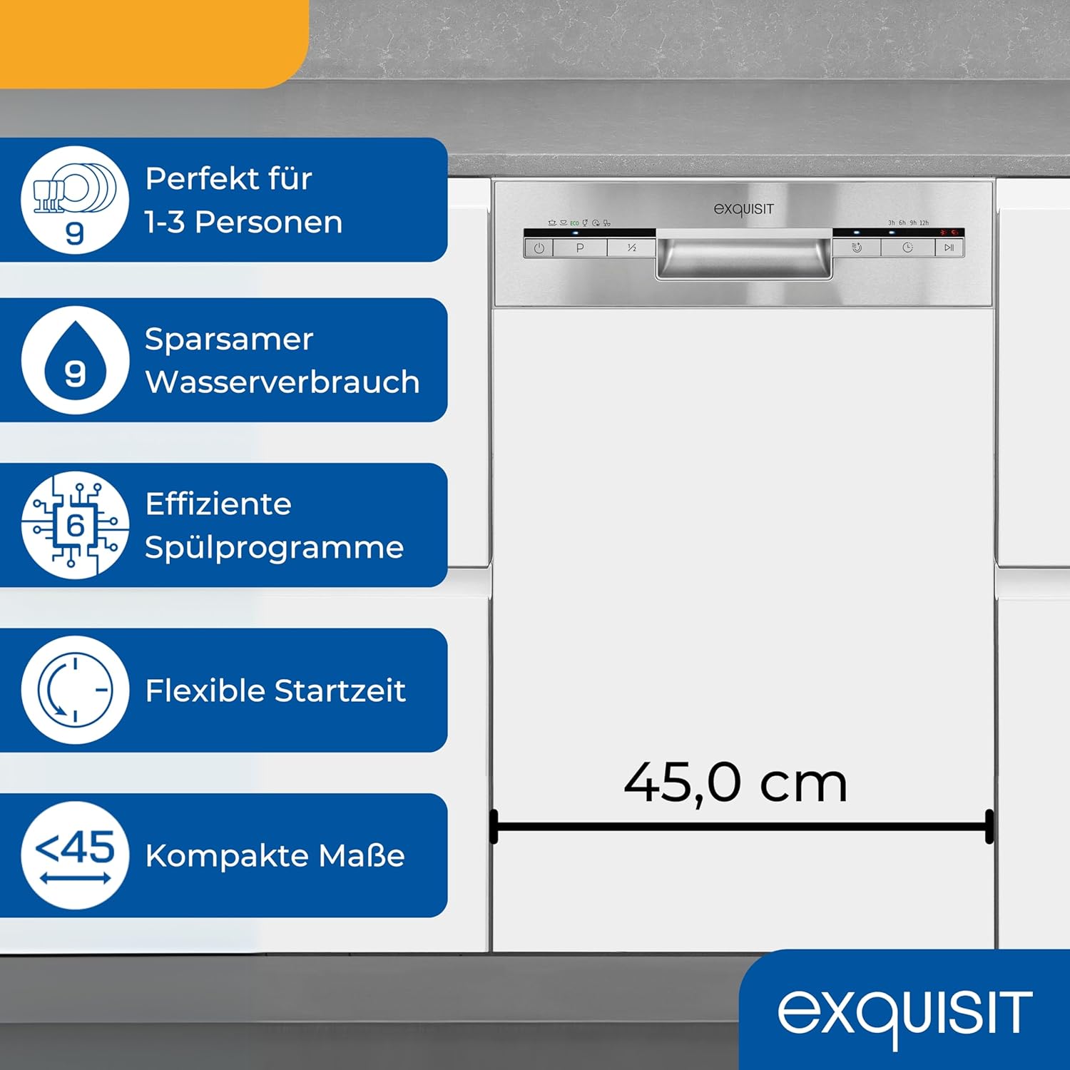 Exquisit Vaatwasser, 45 cm breedte, gedeeltelijk geïntegreerd, 9 couverts, 9 liter, startuitstel, ECO-modus, vaatwasser 45 cm, EGSP51009-EB-030E inox
