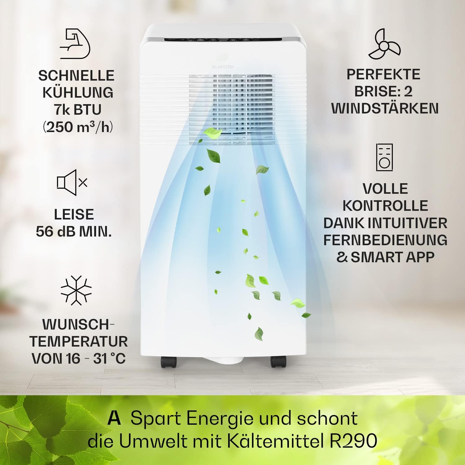 Klarstein Mobiele Airconditioning met Afvoerslang, 3-in-1 Airco met Ventilator, Luchtontvochtiger & Nachtmodus, Kleine & Draagbare Airco voor Thuis & Kantoor, 12000 BTU Laag Verbruik