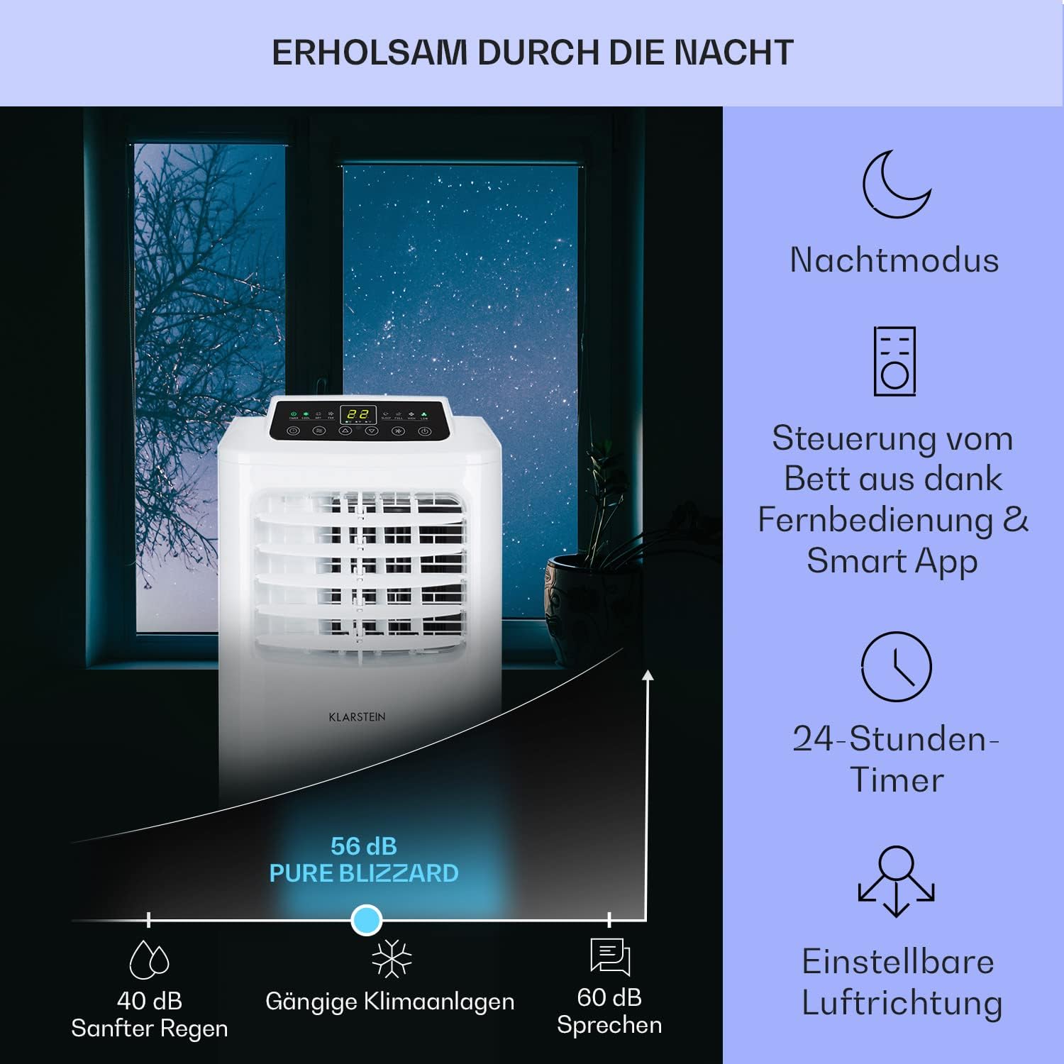 Klarstein Airconditioner, 4-in-1 Airconditioningsysteem, Luchtontvochtiger, Ventilator & Nachtmodus, Mobiele airconditioner met afvoerslang, App-bediening, Airconditioner voor ruimtes tot 44 m², 9000 BTU, Wit