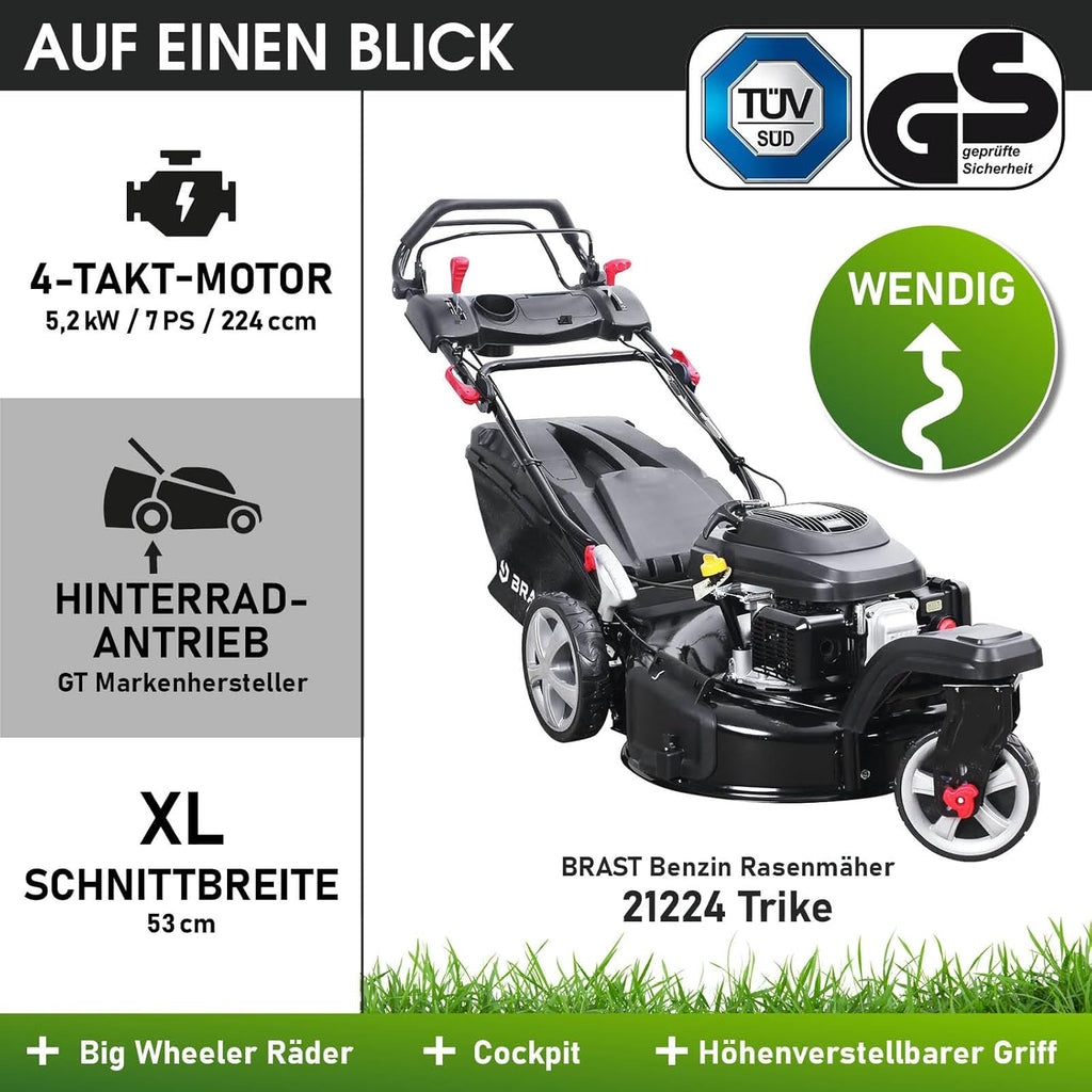 BRAST® Benzine grasmaaier Trike met aandrijving | 5,2kW (7PK) | 53cm maaibreedte | veel modellen | TÜV | 4-takt OHV motor | 30-80mm maaihoogte | 60L opvangbak | Stalen behuizing | Snelheid