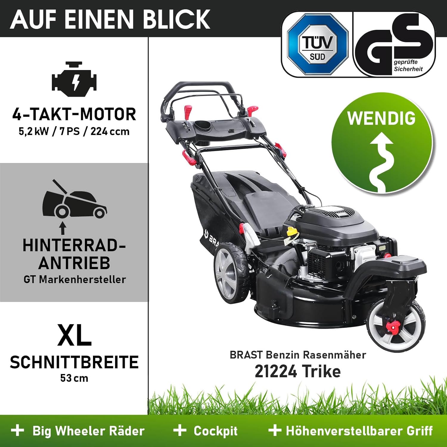 BRAST® Benzine grasmaaier Trike met aandrijving | 5,2kW (7PK) | 53cm maaibreedte | veel modellen | TÜV | 4-takt OHV motor | 30-80mm maaihoogte | 60L opvangbak | Stalen behuizing | Snelheid