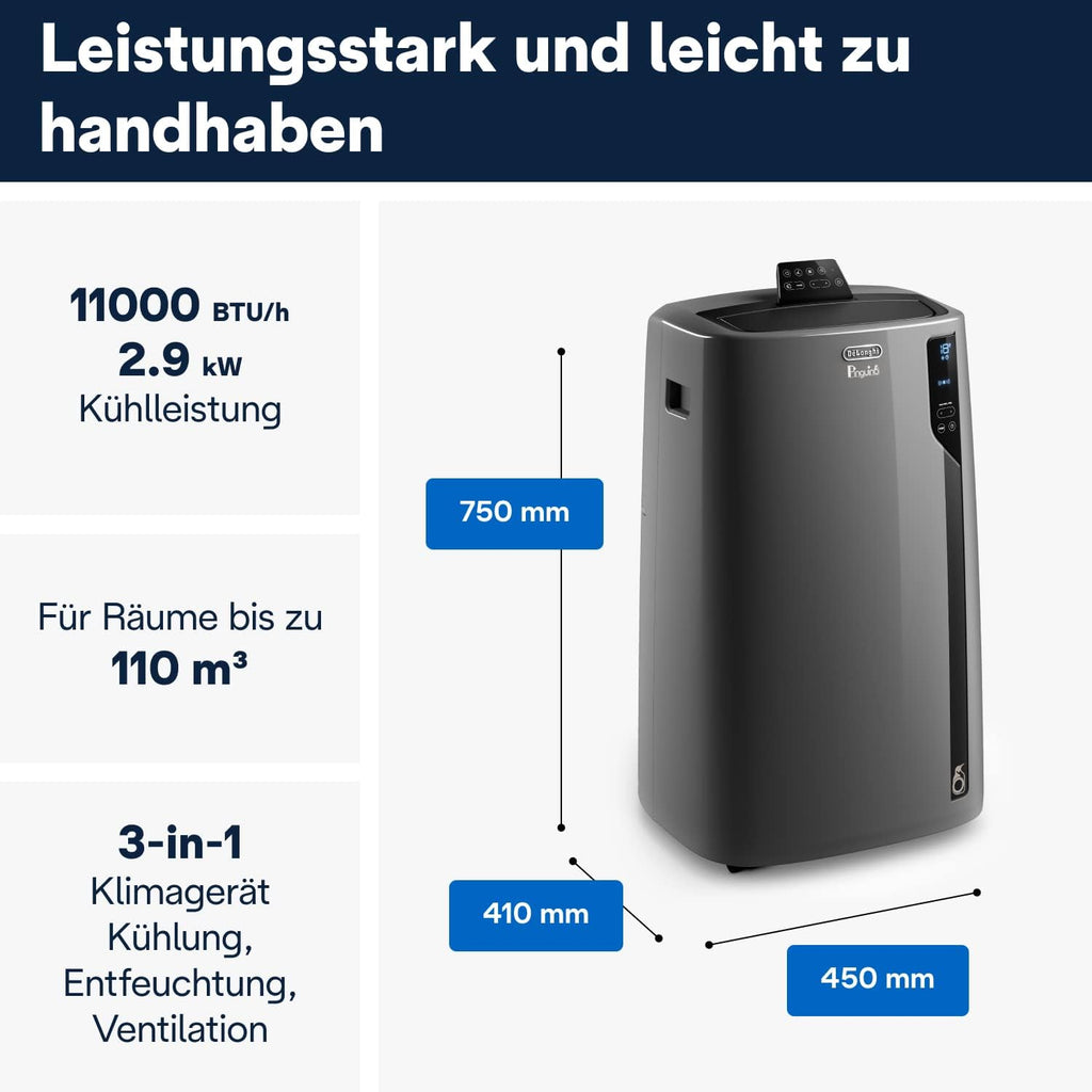 De'Longhi Pinguino PAC EL112 CST mobiele airconditioner met afvoerslang, airconditioning voor ruimtes tot 110 m³, luchtontvochtiger, ventilatiefunctie, 24-uurs timer, zwart