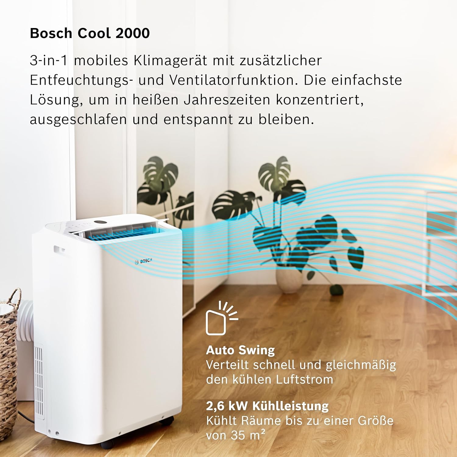 Bosch Cool 4000 Mobiele airconditioner - 3-in-1: Airconditioner, ontvochtiger, ventilator - 2,6 kW voor ruimtes tot 35 m² - Met automatische modus, stille modus & slaapmodus