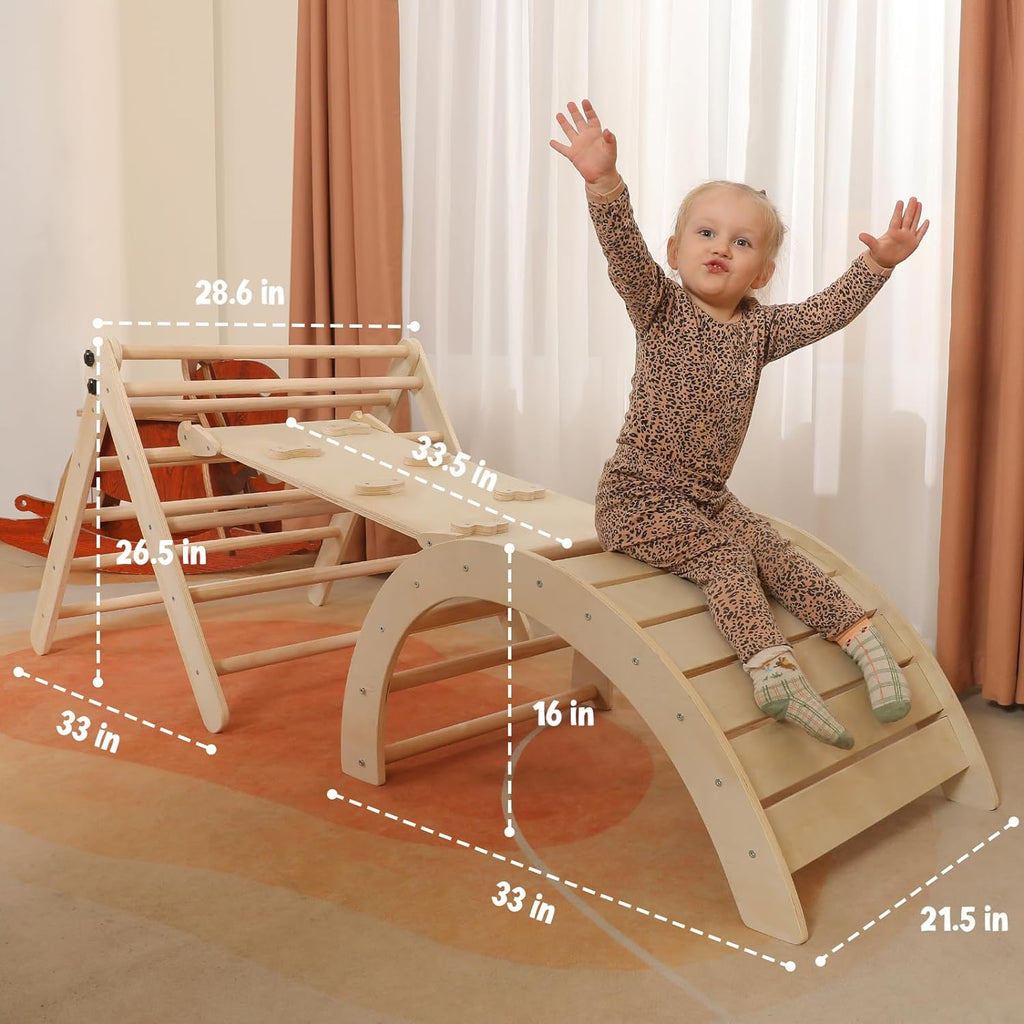 Driehoekset met kussen, 5-in-1 Montessori klimset, opvouwbaar, klim-binnenspeeltuinset voor peuters, houten klimspeelgoed met glijbaan en klimboog voor kinderen (houtkleur)
