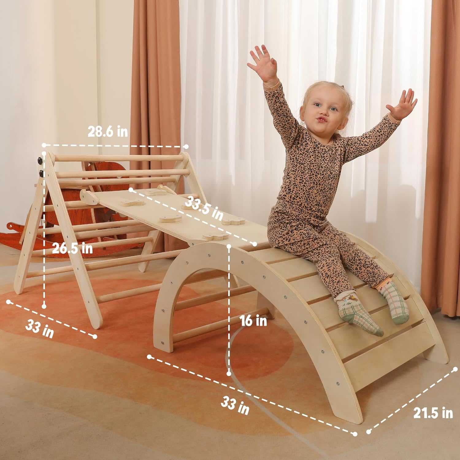 Driehoekset met kussen, 5-in-1 Montessori klimset, opvouwbaar, klim-binnenspeeltuinset voor peuters, houten klimspeelgoed met glijbaan en klimboog voor kinderen (houtkleur)