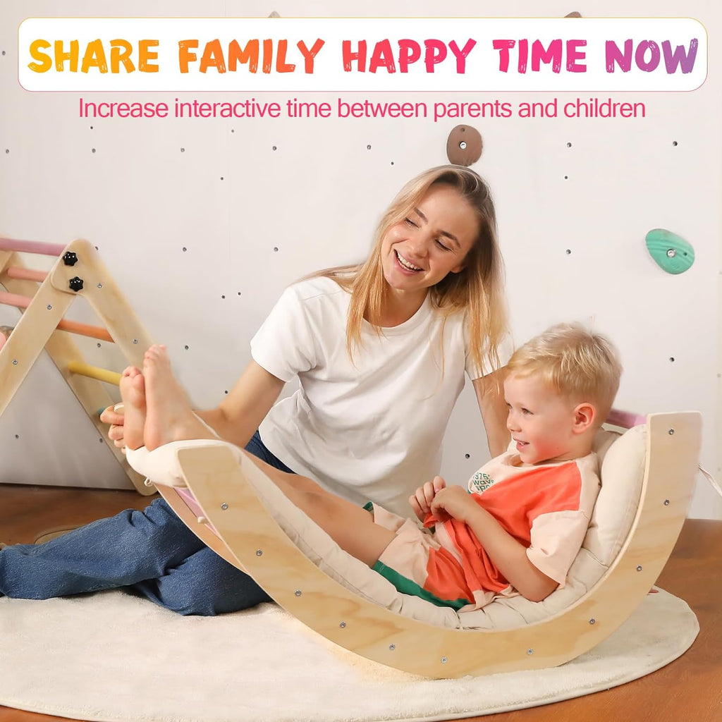 Driehoekset met kussen, 5-in-1 Montessori klimset, opvouwbaar, klim-binnenspeeltuinset voor peuters, houten klimspeelgoed met glijbaan en klimboog voor kinderen (houtkleur)
