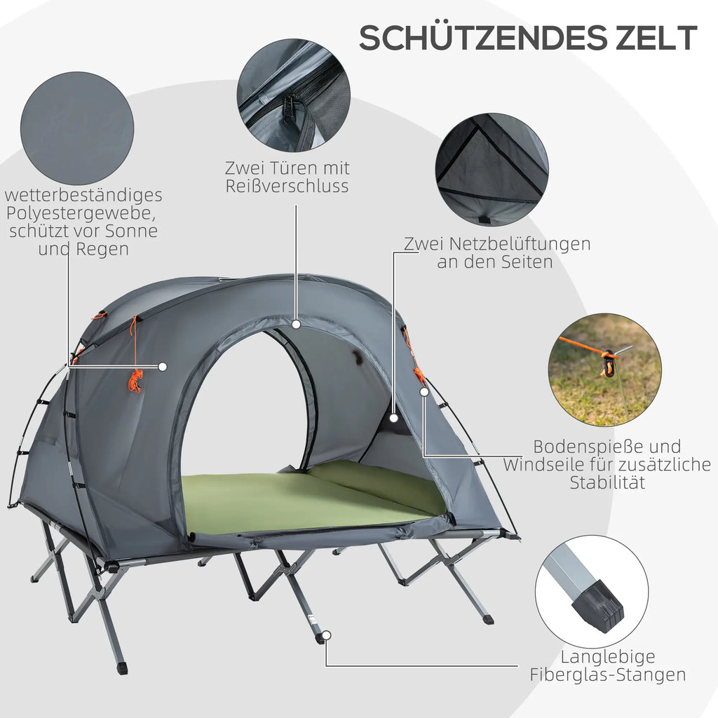 Outsunny kampeerbed met tent & luchtmatras voor 2 personen, 200×146×159 cm, Grijs