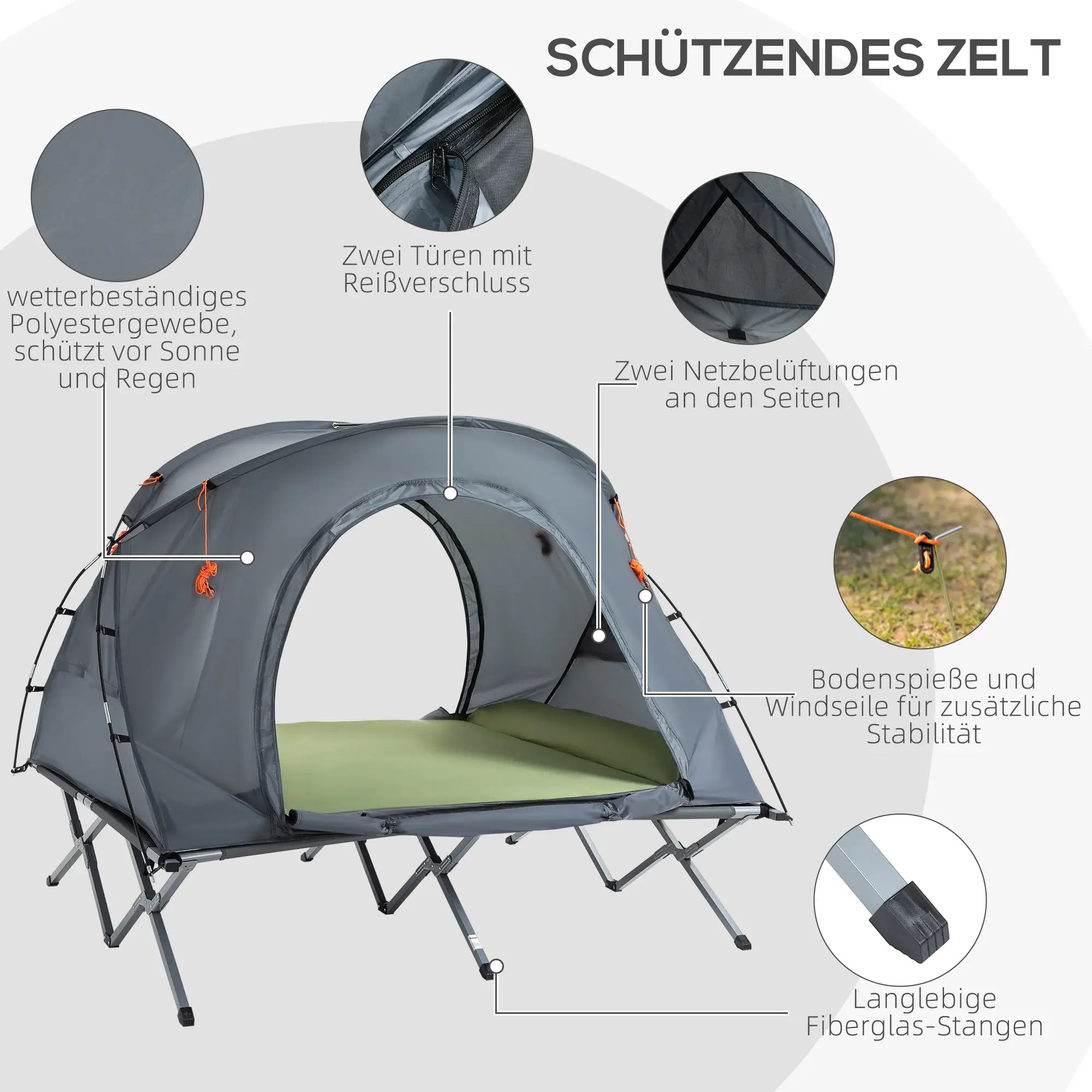 Outsunny kampeerbed met tent & luchtmatras voor 2 personen, 200×146×159 cm, Grijs
