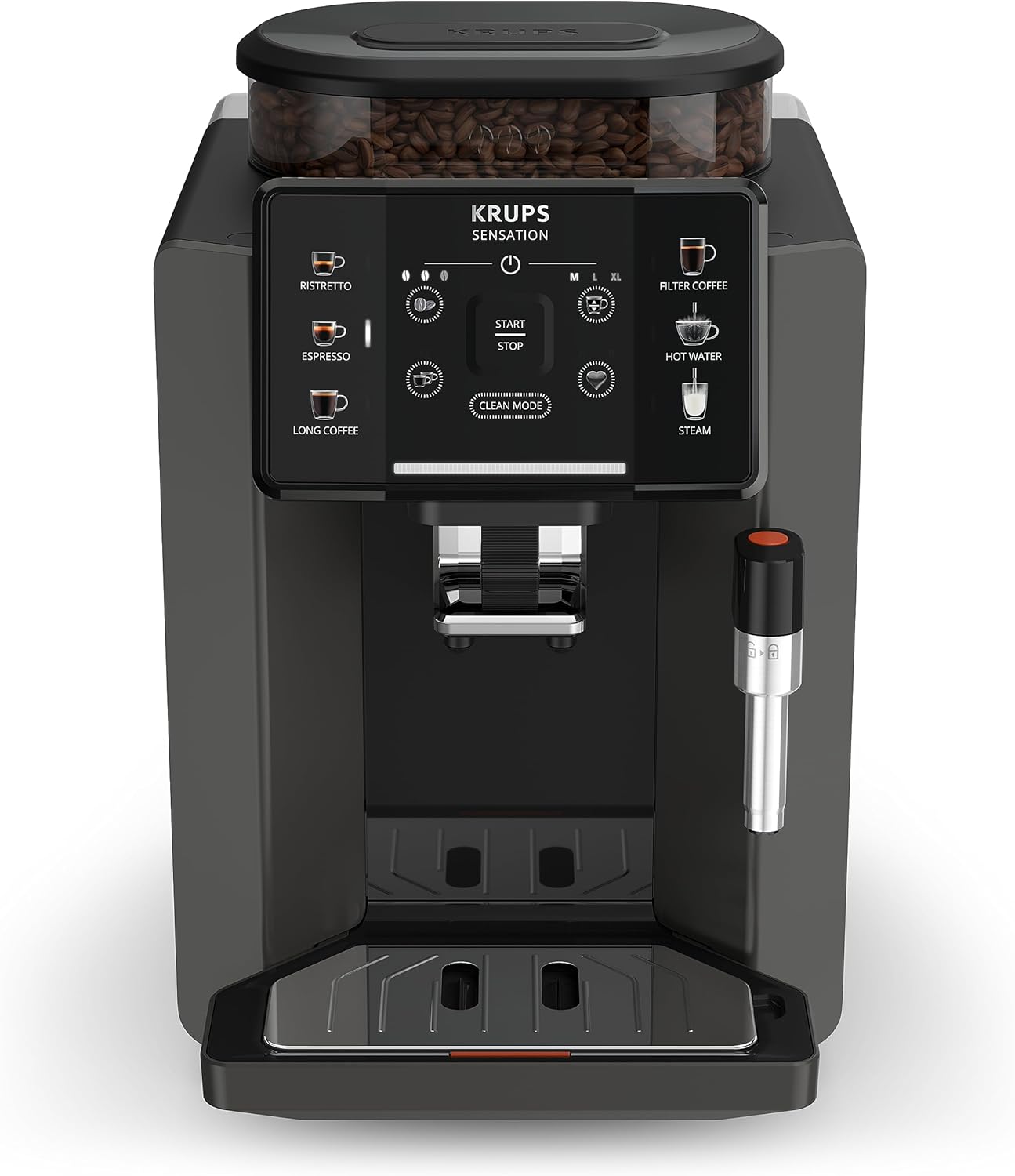 Krups Sensation volautomatische espressomachine, melkschuimmondstuk, 5 dranken, filterkoffiefunctie, 2-kopsfunctie, koffiezetapparaat, zwart, EA910810
