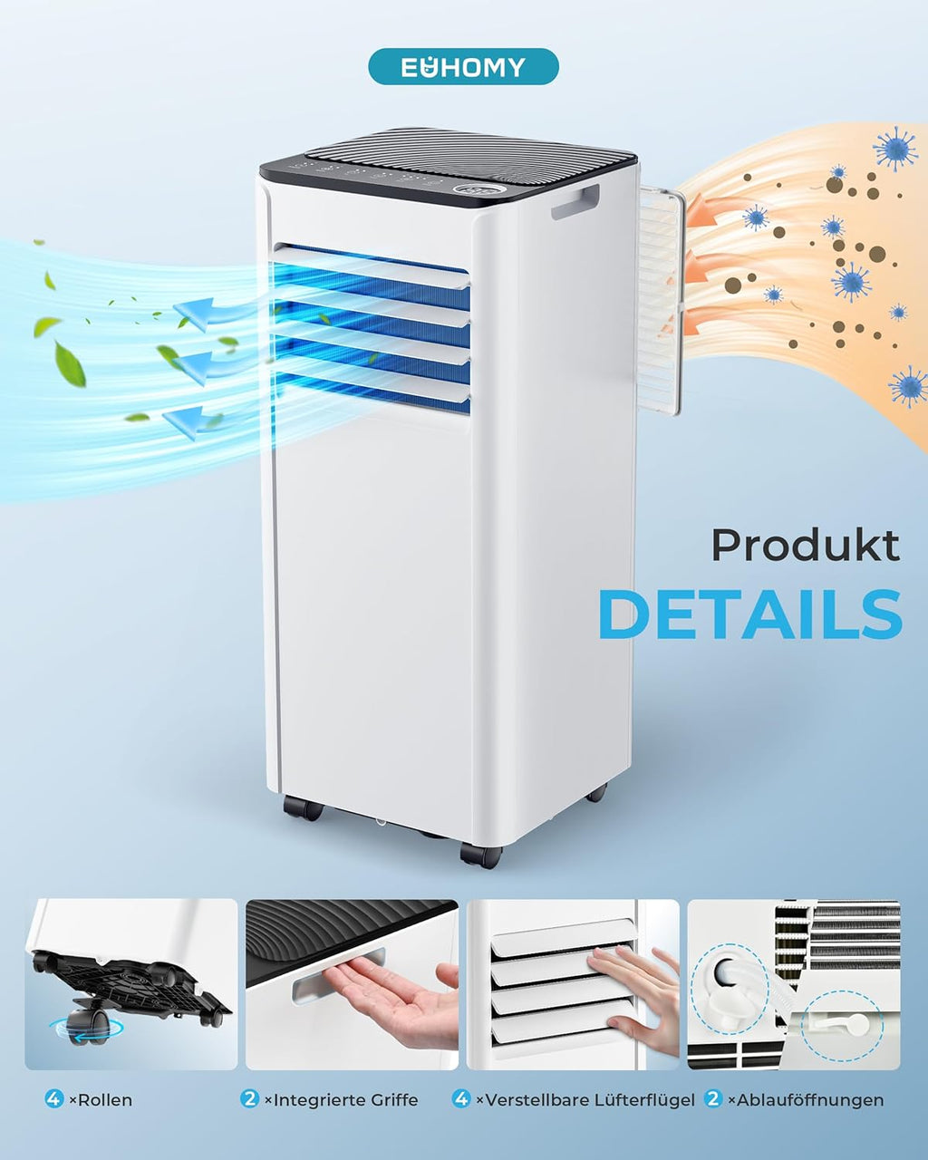 Mobiele airco 9000 BTU met afvoerslang | 4-in-1 Mobiele airconditioner | Stille werking