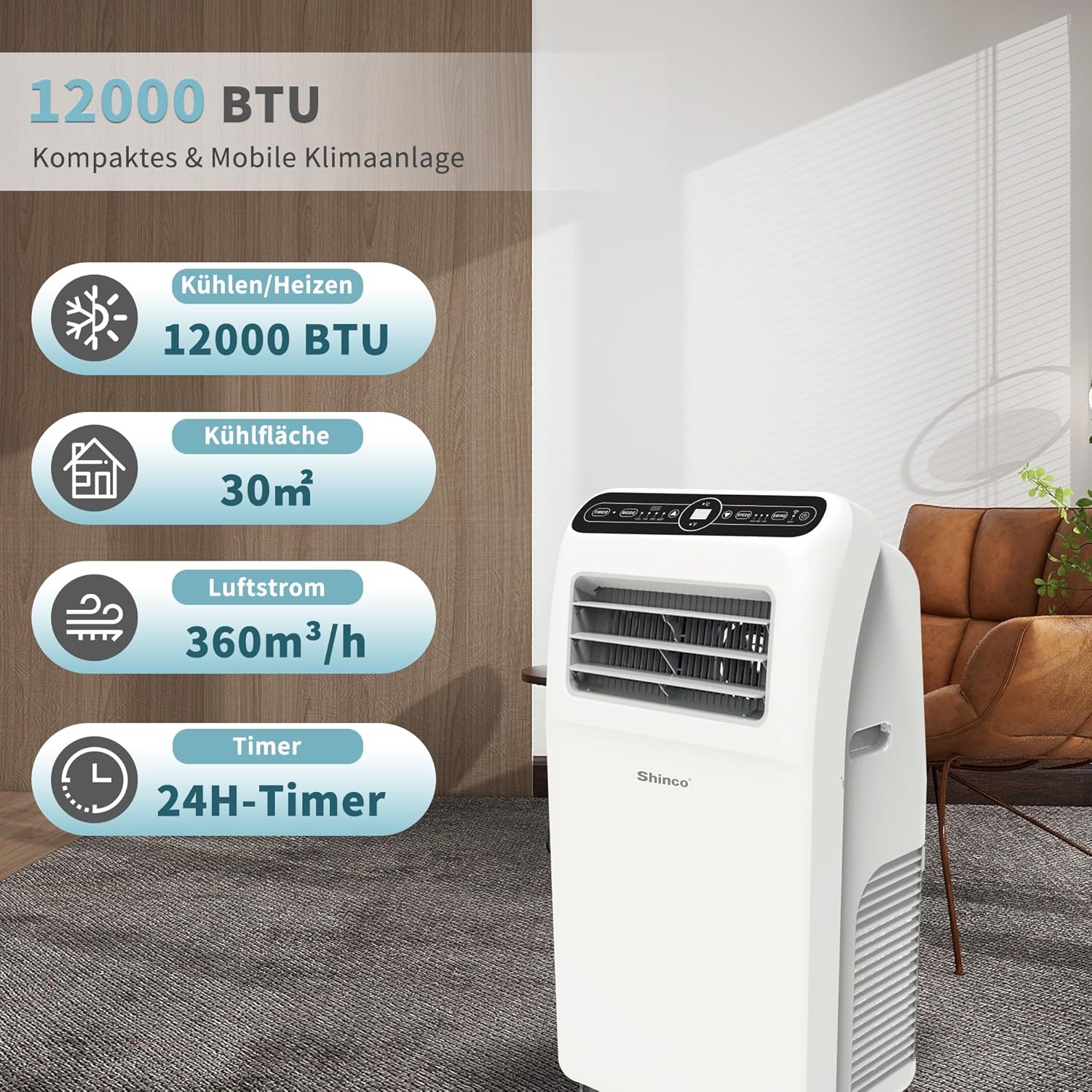 SHINCO Mobiele airconditioning met luchtafvoerslang, 9000 BTU, 2,6 kW, Koelen&Ventileren&Ontvochtigen, Mobiel airco-apparaat met slaapstand, Ruimte tot 22㎡, 24-uurs timer