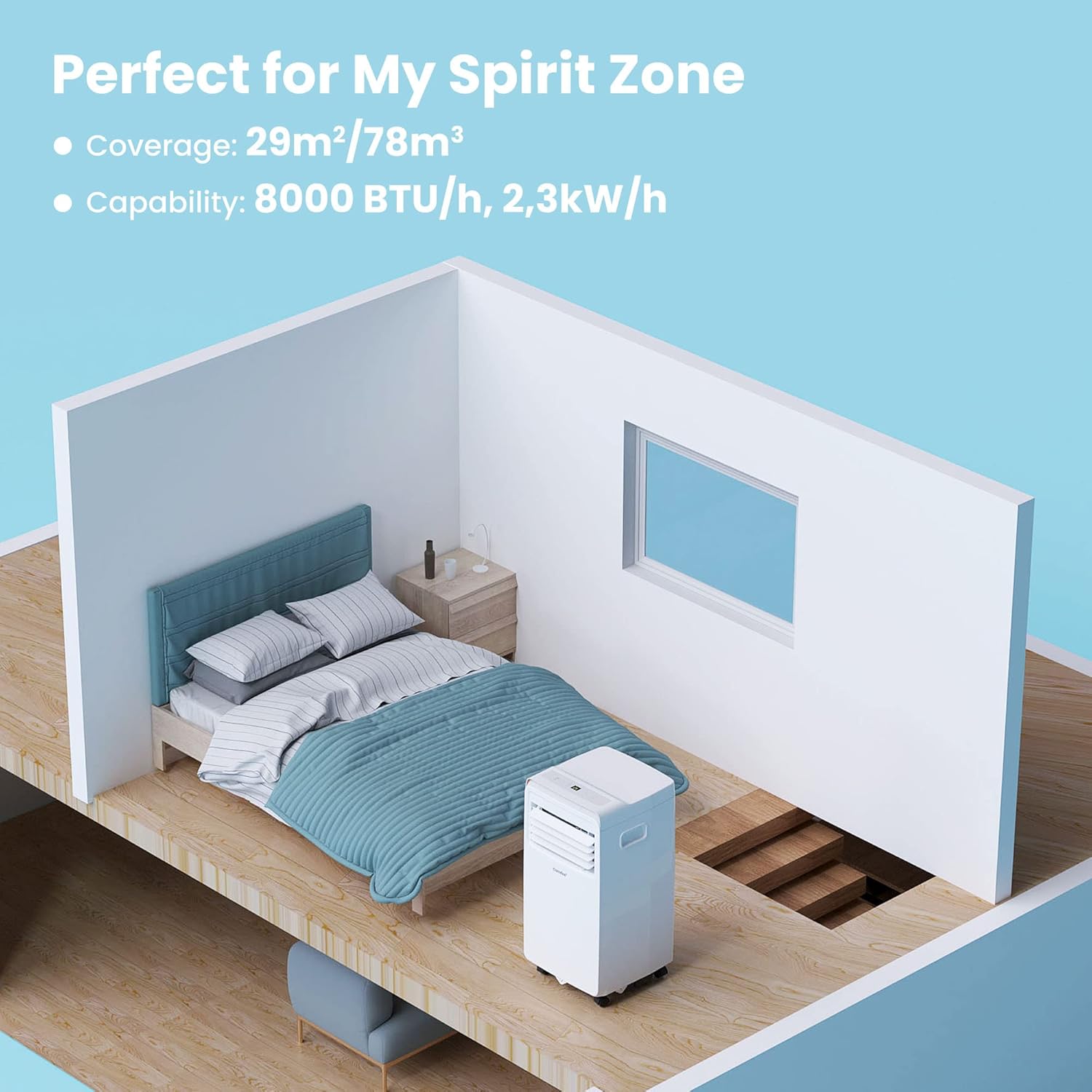 Comfee Mobiele Airconditioner MPD1-12CRN7, 12000 BTU 3,5 kW, Koelen&Ventileren&Ontvochtigen, Kamergrootte tot 117m³ (43㎡), Mobiele Airconditioner met Afvoerslang