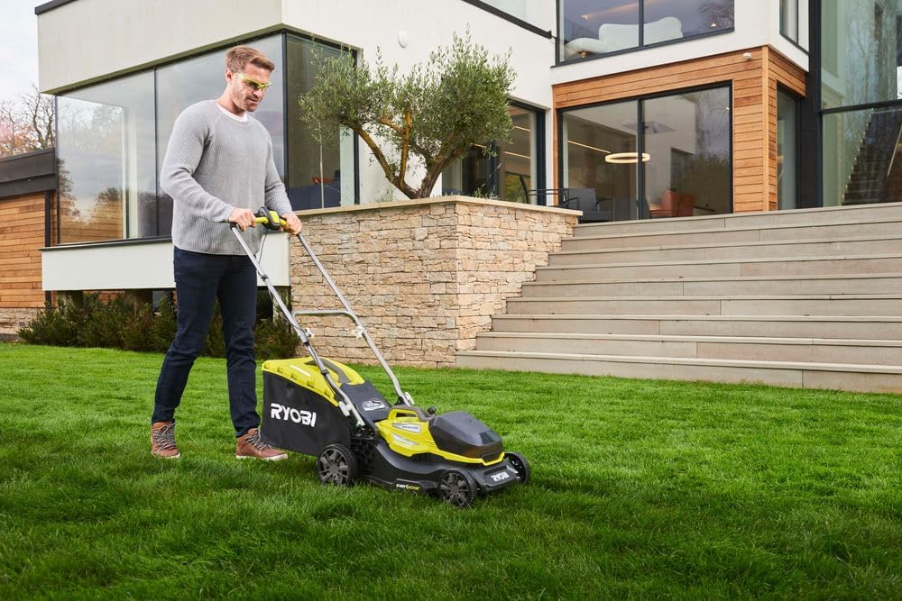 RYOBI 18 V ONE+ Accu-grasmaaier RLM18X33B40 (snijbreedte 33 cm, 5-voudige hoogteverstelling 25-65 mm, inklapbare duwbeugel, incl. mulchplug, 35l grasvangzak, 4,0Ah accu & lader)