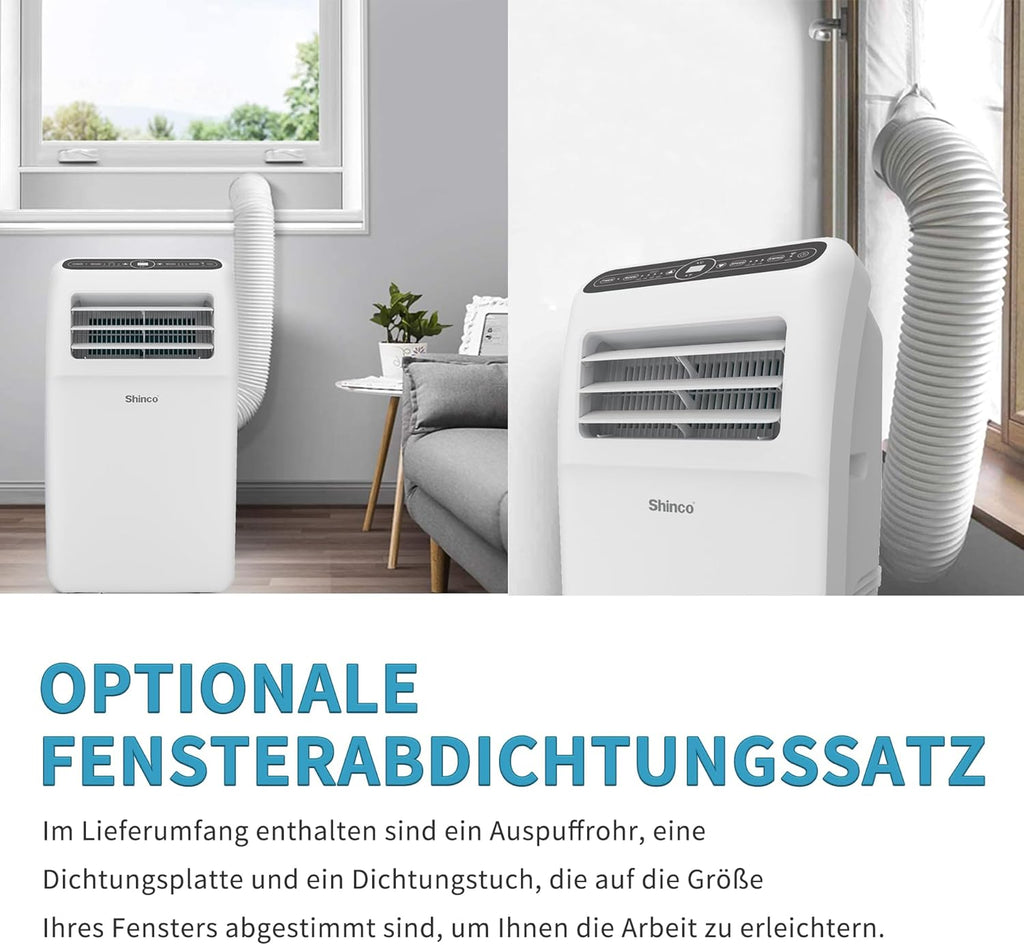 SHINCO Mobiele airconditioning met luchtafvoerslang, 9000 BTU, 2,6 kW, Koelen&Ventileren&Ontvochtigen, Mobiel airco-apparaat met slaapstand, Ruimte tot 22㎡, 24-uurs timer