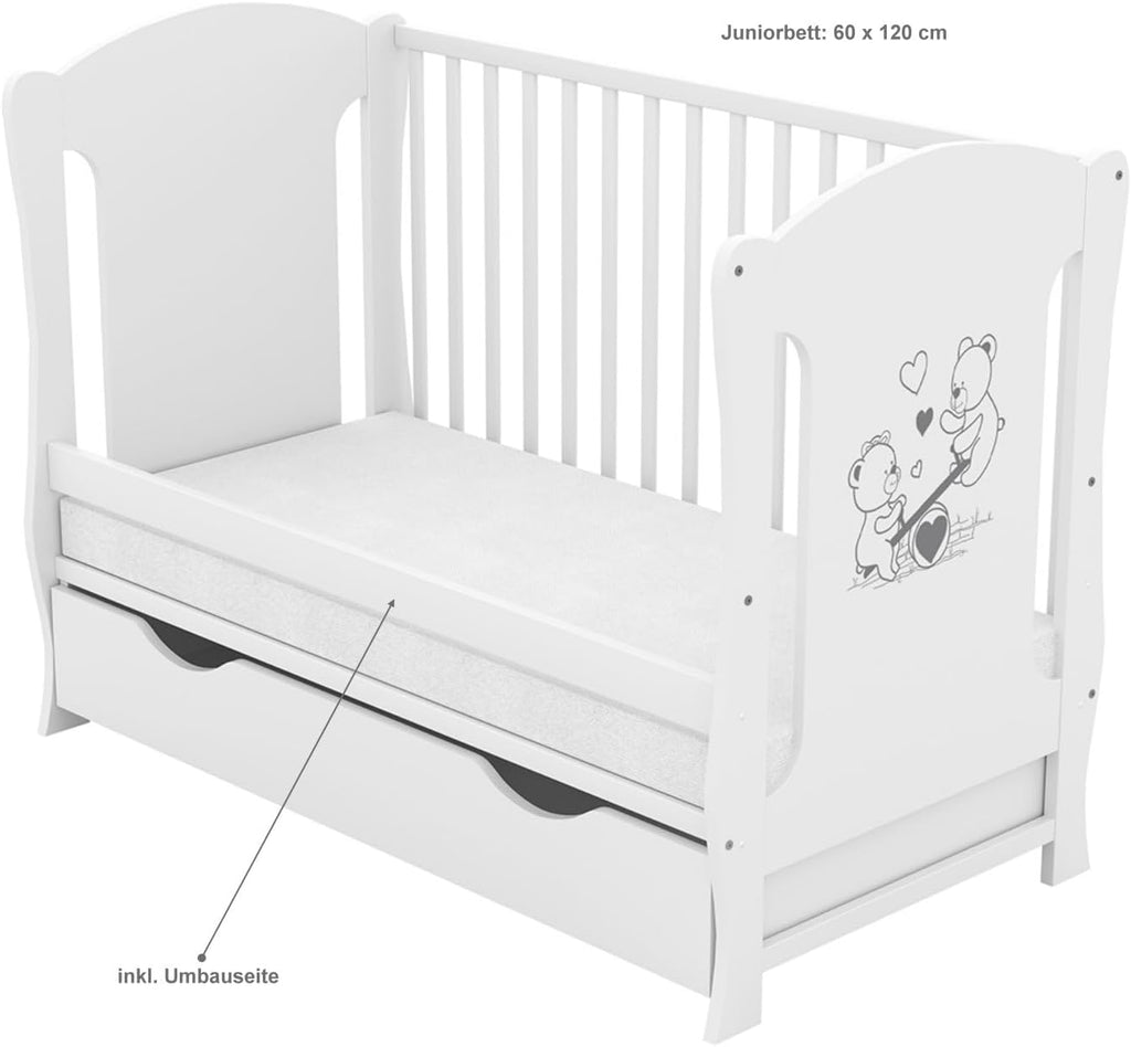 Baby Delux Babybed 60x120 wit Kinderbed ombouwbaar naar juniorbed Lade Matras Teddy Wip Motief
