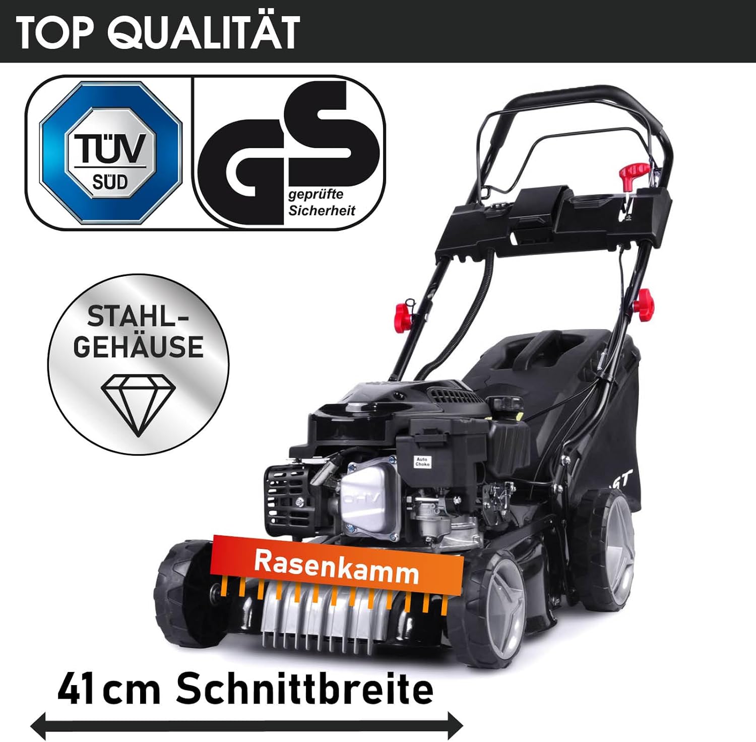 BRAST Benzine grasmaaier met aandrijving | 3,0 kW (4,1 pk) | Elektrische start | 41 cm maaibreedte | vele modellen | TÜV | 4-takt OHV-motor | 25-75 mm maaihoogte | 40 L opvangbak | Stalen behuizing | 16145 Estart